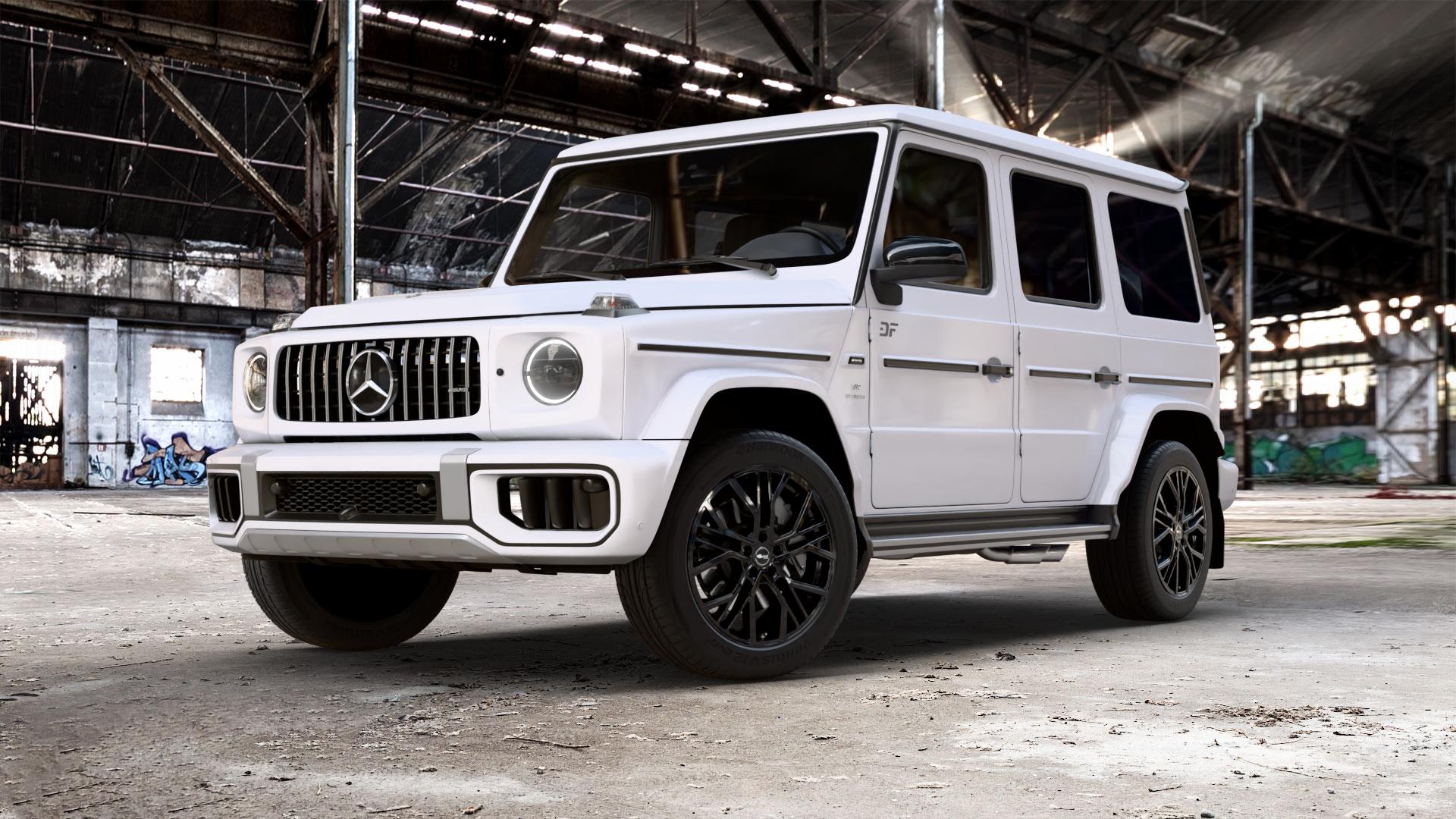 Brock B41 schwarz lackiert Felge mit Reifen in 20Zoll Winterfelge Alufelge auf weissem Mercedes G-Klasse Typ W465 3,0l G 450d 270kW Mild-Hybrid (367 PS) 500 330kW (449 0,0l 580 EQ 223kW (303 4,0l 63 AMG 430kW (585 ⬇️ mit 15mm Tieferlegung ⬇️ Old Industrial Hall_max_5300mm_2024 Frontansicht_1