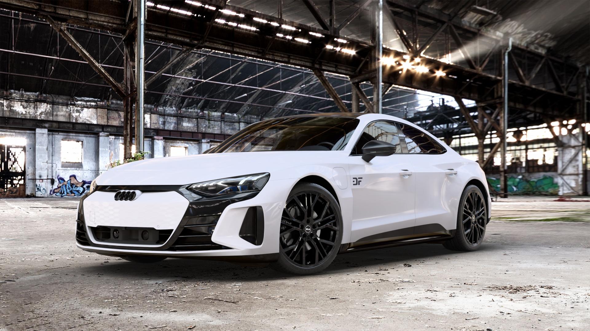 Brock B41 schwarz lackiert Felge mit Reifen in 21Zoll Winterfelge Alufelge auf weissem Audi RS E-Tron GT Typ FW ⬇️ mit 15mm Tieferlegung ⬇️ Old Industrial Hall_max_5300mm_2024 Frontansicht_1