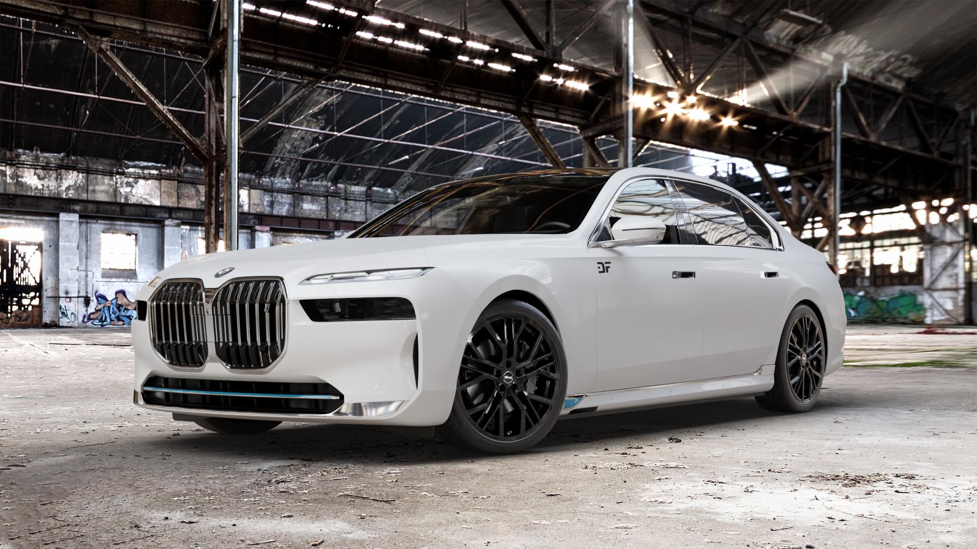 Brock B41 schwarz lackiert Felge mit Reifen in 21Zoll Winterfelge Alufelge auf weissem BMW i7 Typ G70 ⬇️ mit 15mm Tieferlegung ⬇️ Old Industrial Hall_max_5300mm_2024 Frontansicht_1
