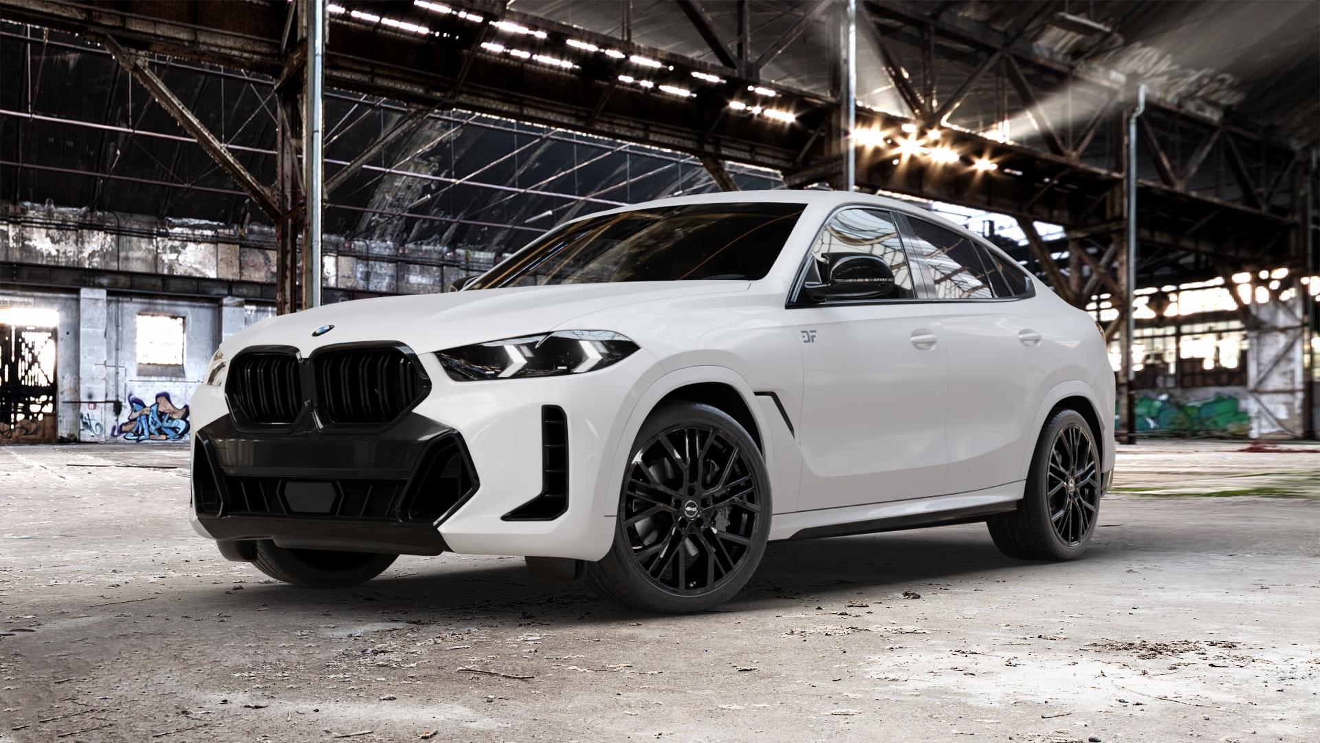 Brock B41 schwarz lackiert Felge mit Reifen in 21Zoll Winterfelge Alufelge auf weissem BMW X6 Typ G06 (G6X) Facelift ⬇️ mit 15mm Tieferlegung ⬇️ Old Industrial Hall_max_5300mm_2024 Frontansicht_1