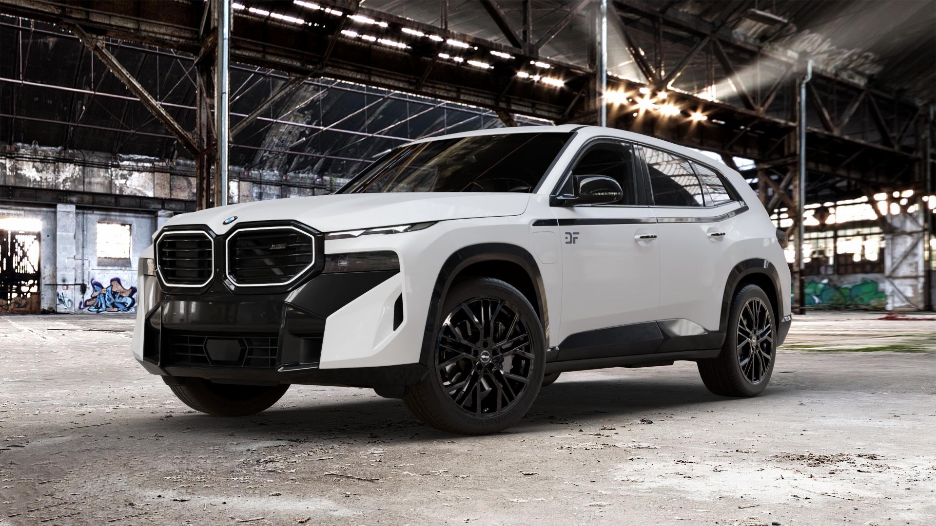 Brock B41 schwarz lackiert Felge mit Reifen in 21Zoll Winterfelge Alufelge auf weissem BMW XM Typ G09 (F56XM) 3,0l 50e 230kW Hybrid (313 PS) ⬇️ mit 15mm Tieferlegung ⬇️ Old Industrial Hall_max_5300mm_2024 Frontansicht_1