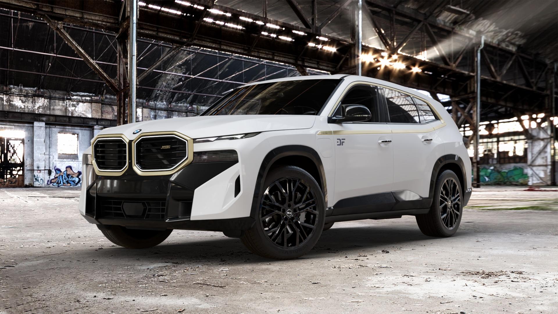 Brock B41 schwarz lackiert Felge mit Reifen in 21Zoll Winterfelge Alufelge auf weissem BMW XM Typ G09 (F56XM) 4,4l 360kW Hybrid (489 PS) ⬇️ mit 15mm Tieferlegung ⬇️ Old Industrial Hall_max_5300mm_2024 Frontansicht_1