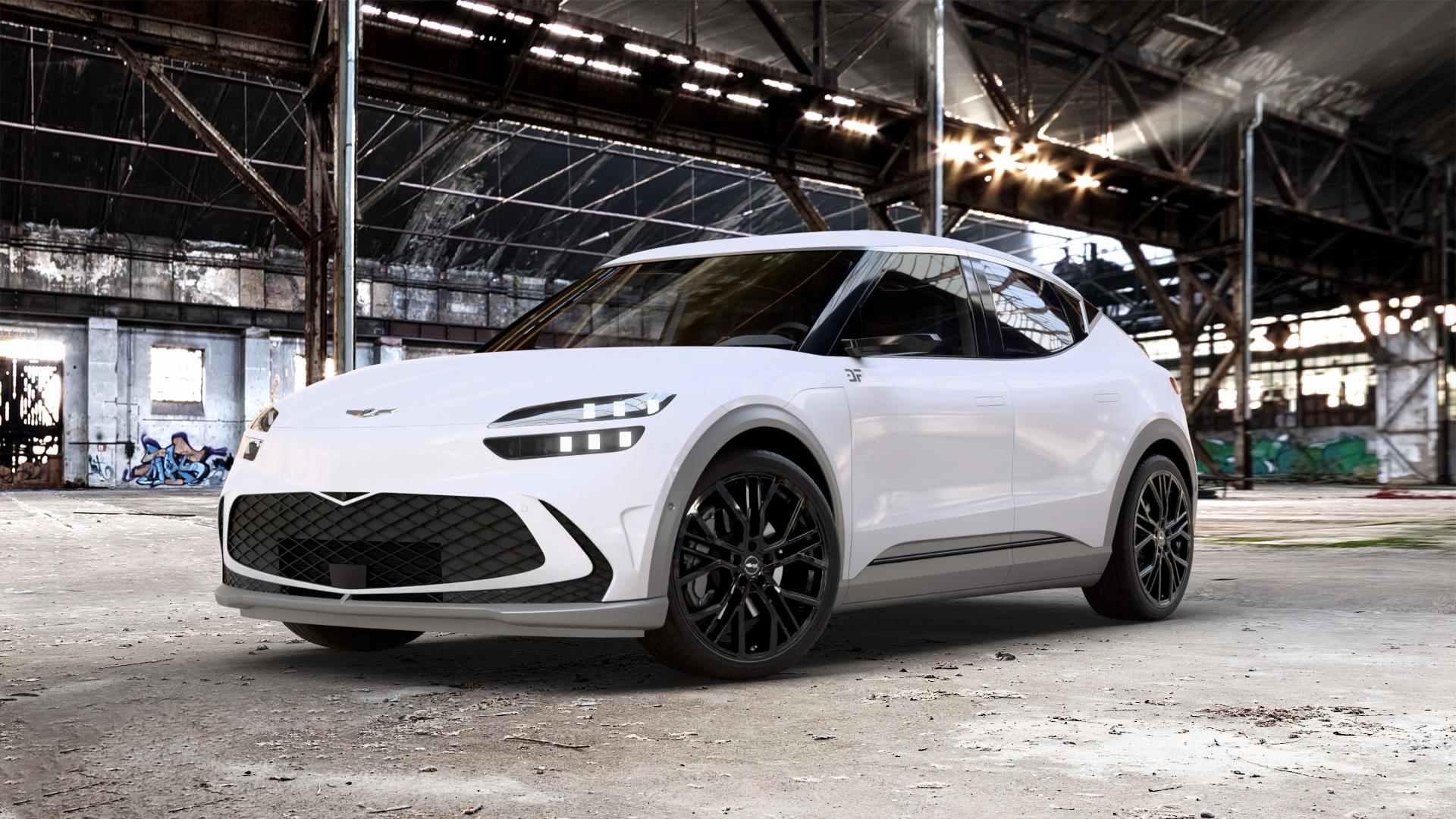 Brock B41 schwarz lackiert Felge mit Reifen in 21Zoll Winterfelge Alufelge auf weissem Genesis GV60 Typ JW 0,0l 78kW AWD (106 PS) Performance 120kW (163 56kW (76 ⬇️ mit 15mm Tieferlegung ⬇️ Old Industrial Hall_max_5300mm_2024 Frontansicht_1