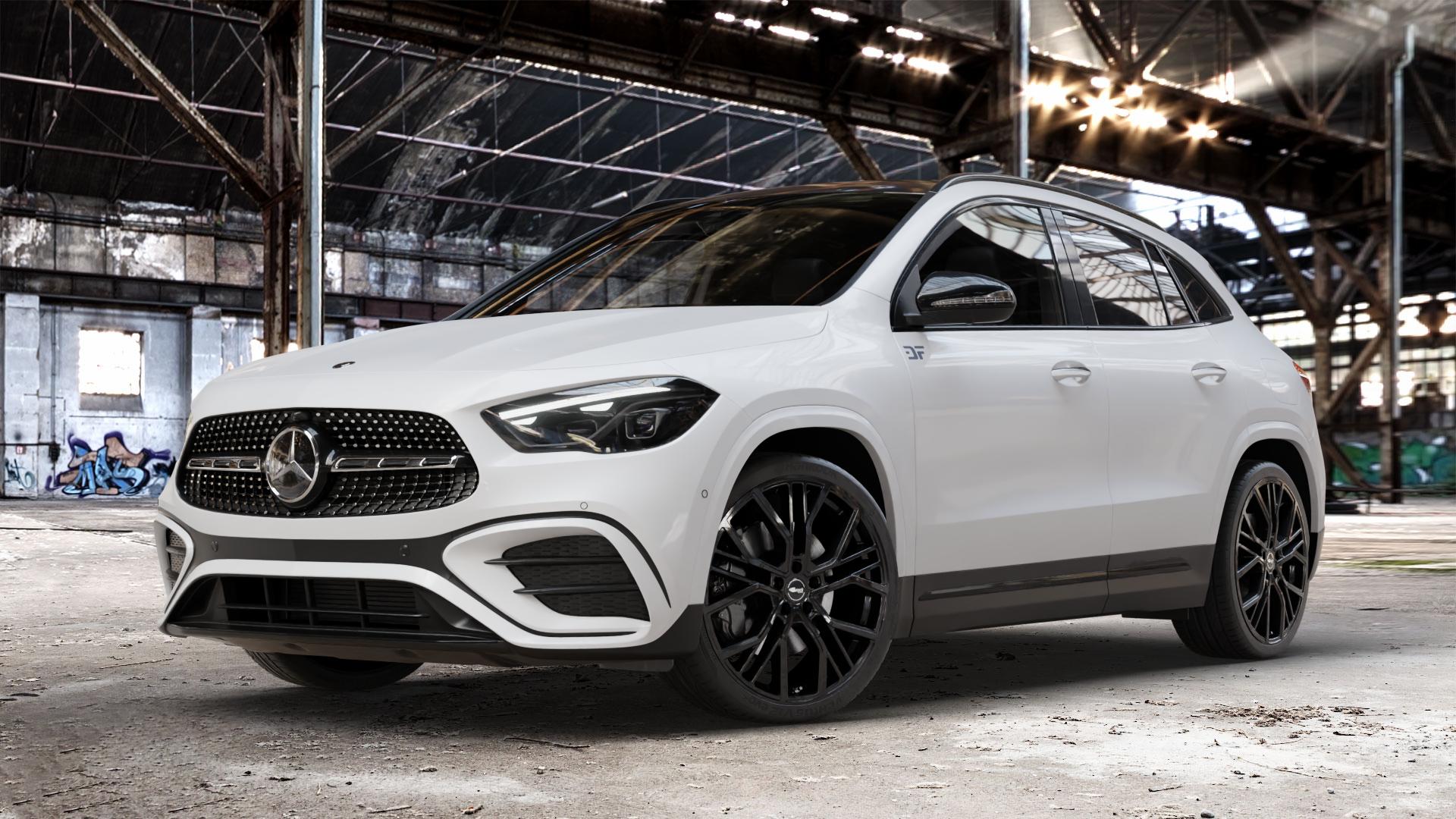Brock B41 schwarz lackiert Felge mit Reifen in 21Zoll Winterfelge Alufelge auf weissem Mercedes GLA-Klasse Typ F2B Facelift ⬇️ mit 15mm Tieferlegung ⬇️ Old Industrial Hall_max_4400mm_2024 Frontansicht_1