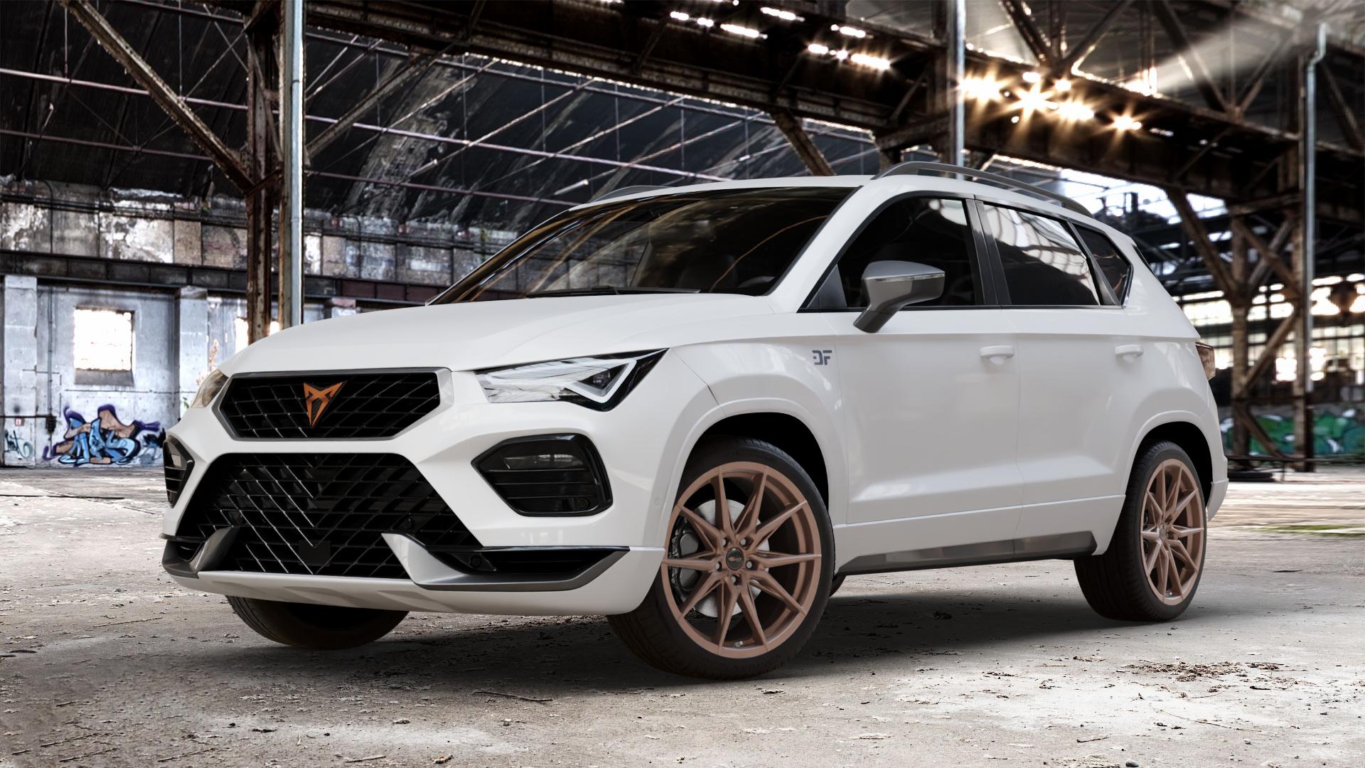 Brock B42 bronze-copper matt-lackiert Felge mit Reifen in 19Zoll Winterfelge Alufelge auf weissem Cupra Ateca Typ 5FP Facelift ⬇️ mit 15mm Tieferlegung ⬇️ Old Industrial Hall_max_4400mm_2024 Frontansicht_1