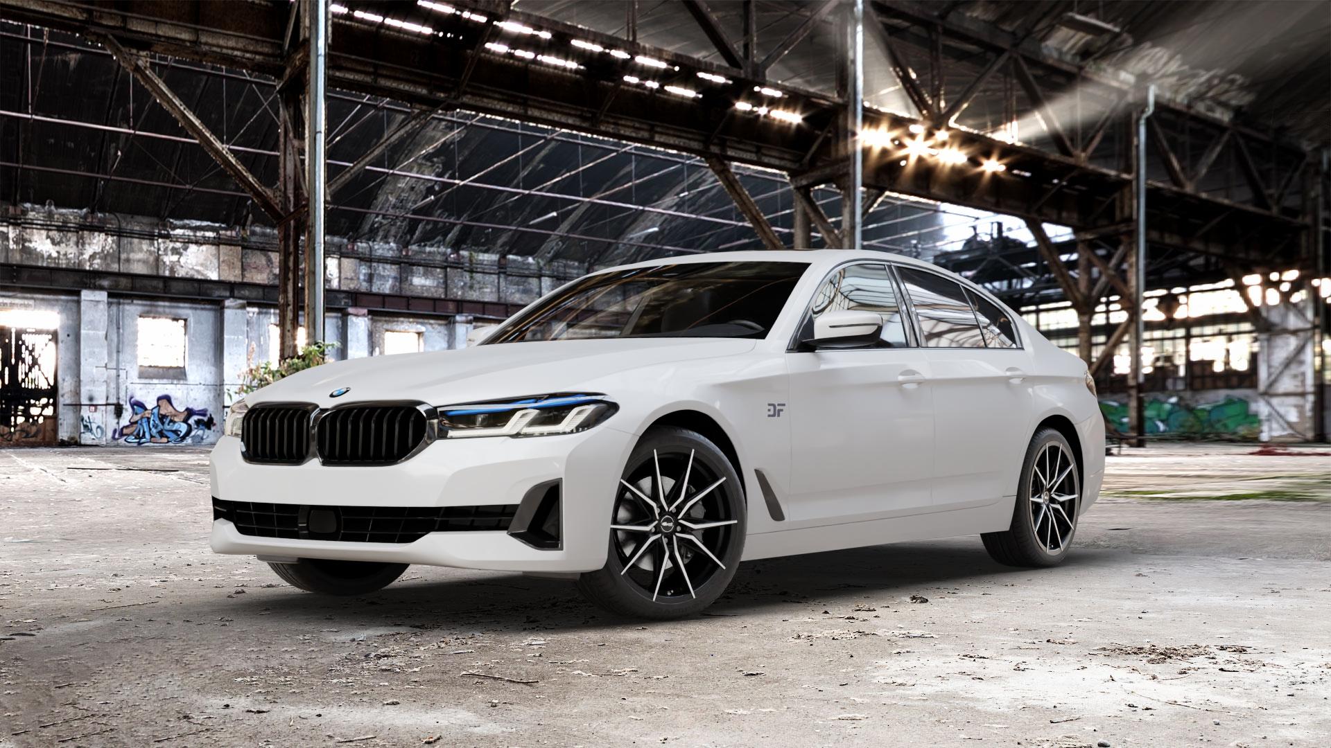 Brock B42 schwarz front-poliert Felge mit Reifen silber mehrfarbig in 19Zoll Winterfelge Alufelge auf weissem BMW 5er G30 Limousine (G5L) Facelift ⬇️ mit 15mm Tieferlegung ⬇️ Old Industrial Hall_max_5300mm_2024 Frontansicht_1