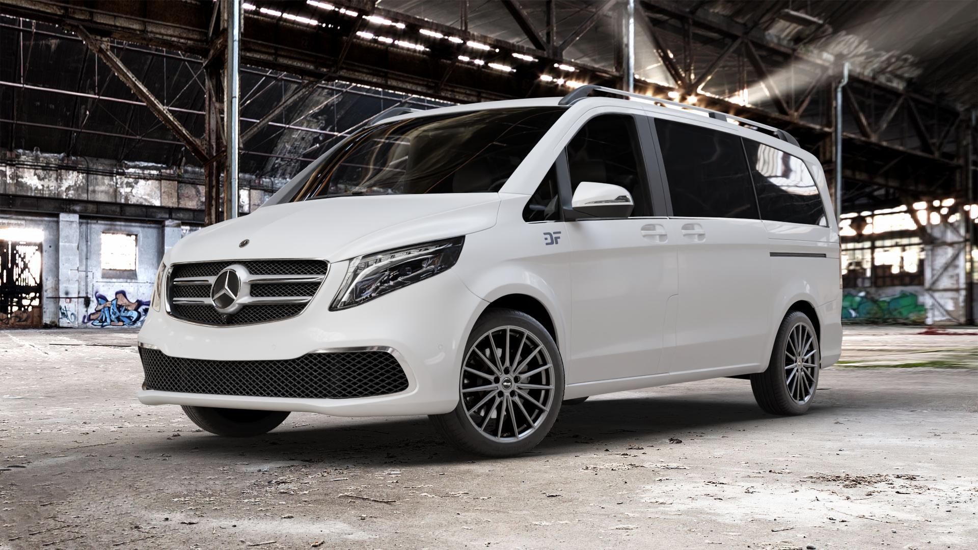 Brock B43 cosmic-grey matt-lackiert Felge mit Reifen grau in 19Zoll Winterfelge Alufelge auf weissem Mercedes V-Klasse Typ W447 Facelift Marco Polo Vito Tourer ⬇️ mit 15mm Tieferlegung ⬇️ Old Industrial Hall_max_5300mm_2024 Frontansicht_1