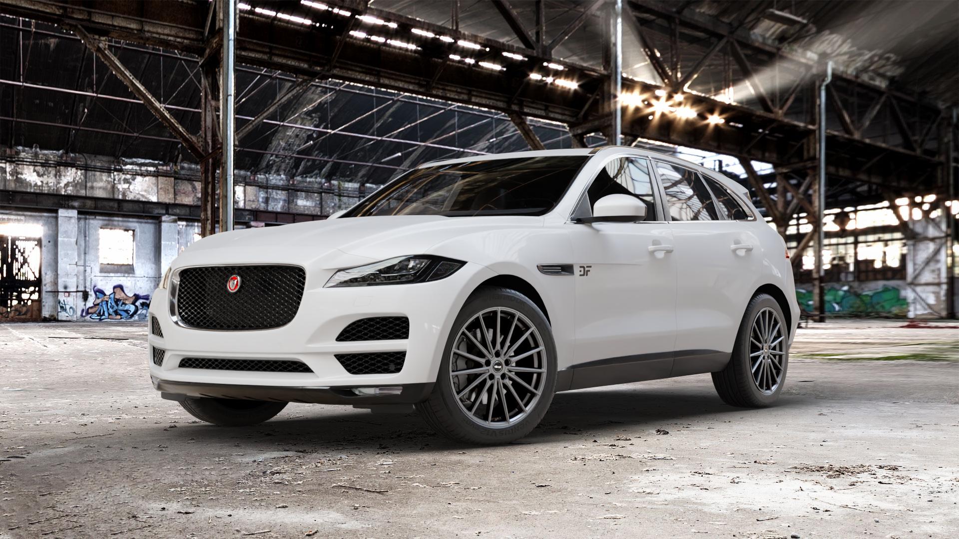 Brock B43 cosmic-grey matt-lackiert Felge mit Reifen grau in 20Zoll Winterfelge Alufelge auf weissem Jaguar F-Pace Typ DC ⬇️ mit 15mm Tieferlegung ⬇️ Old Industrial Hall_max_5300mm_2024 Frontansicht_1
