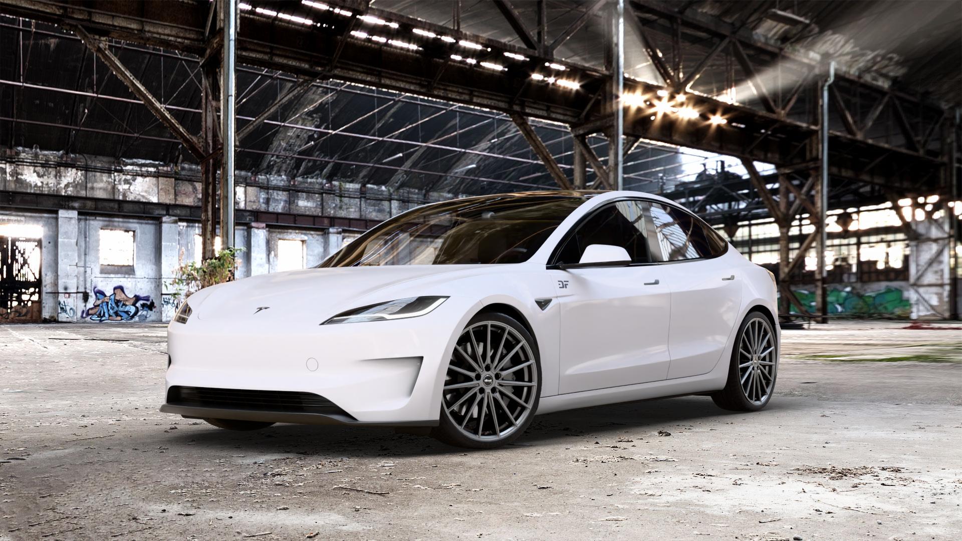 Brock B43 cosmic-grey matt-lackiert Felge mit Reifen grau in 20Zoll Winterfelge Alufelge auf weissem Tesla Model 3 Typ 003 Facelift 0,0l Performance 190kW 4WD (258 PS) ⬇️ mit 15mm Tieferlegung ⬇️ Old Industrial Hall_max_5300mm_2024 Frontansicht_1
