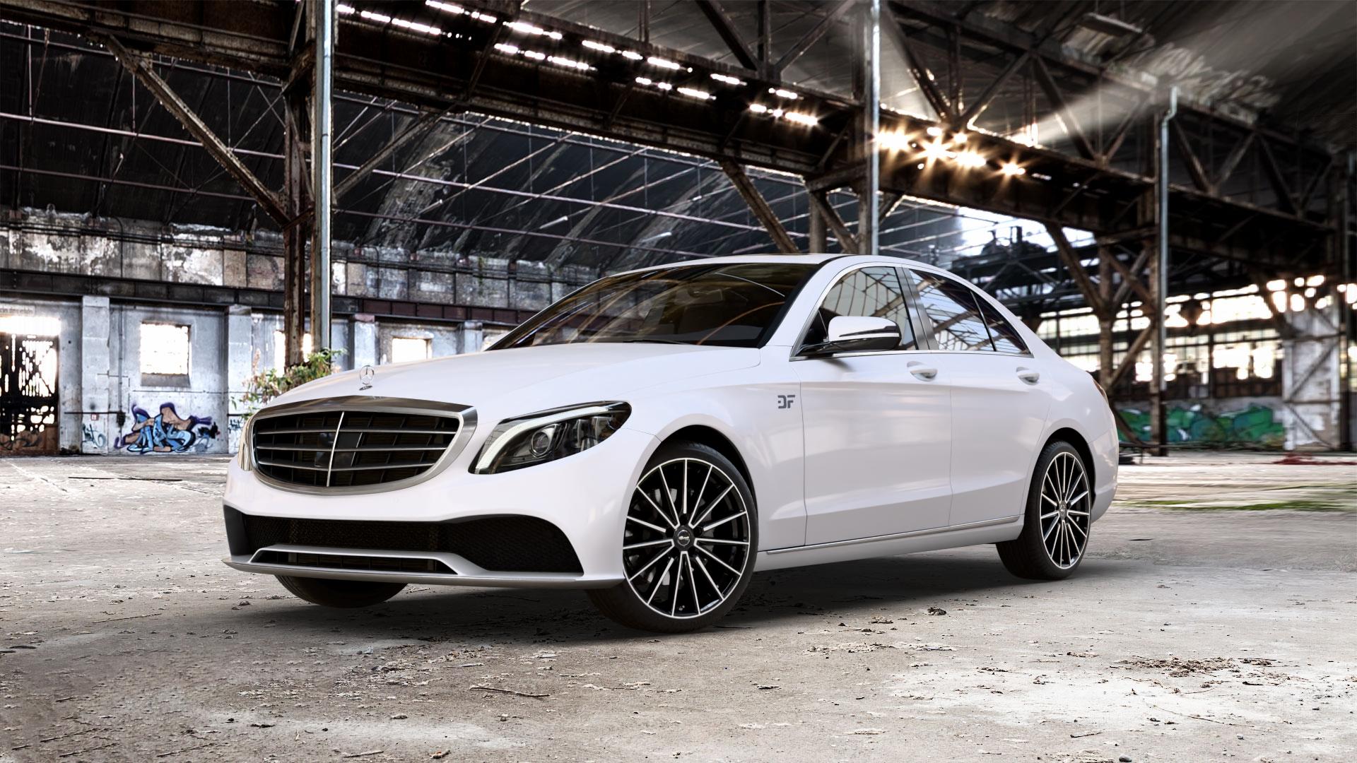 Brock B43 schwarz front-poliert Felge mit Reifen silber in 19Zoll Alufelge auf weissem Mercedes C-Klasse Typ W205 Limousine Facelift ⬇️ mit 15mm Tieferlegung ⬇️ Old Industrial Hall_max_5300mm_2024 Frontansicht_1