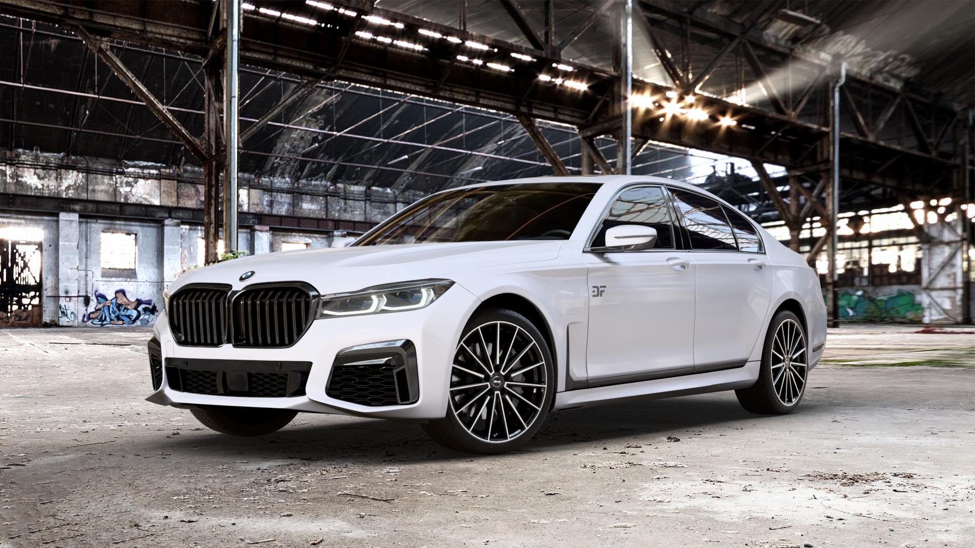 Brock B43 schwarz front-poliert Felge mit Reifen silber in 20Zoll Alufelge auf weissem BMW 730i Typ G11 Facelift 740i 745e 750i xDrive 7er Limousine (7L) ⬇️ mit 15mm Tieferlegung ⬇️ Old Industrial Hall_max_5300mm_2024 Frontansicht_1