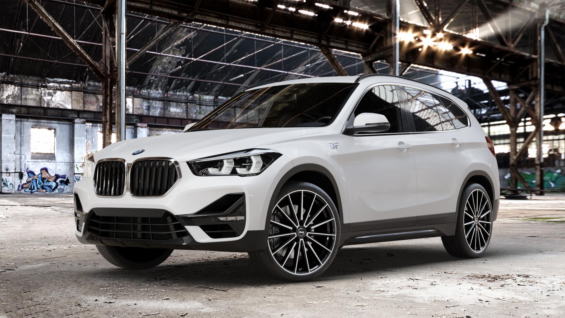 Brock B43 schwarz front-poliert Felge mit Reifen silber in 20Zoll Alufelge auf weissem BMW X1 Typ F48 (F1X) Facelift ⬇️ mit 15mm Tieferlegung ⬇️ Old Industrial Hall_max_4400mm_2024 Frontansicht_1