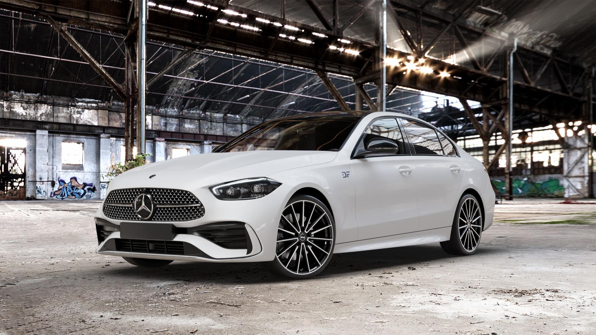 Brock B43 schwarz front-poliert Felge mit Reifen silber in 20Zoll Alufelge auf weissem Mercedes C-Klasse Typ W206 Limousine ⬇️ mit 15mm Tieferlegung ⬇️ Old Industrial Hall_max_5300mm_2024 Frontansicht_1