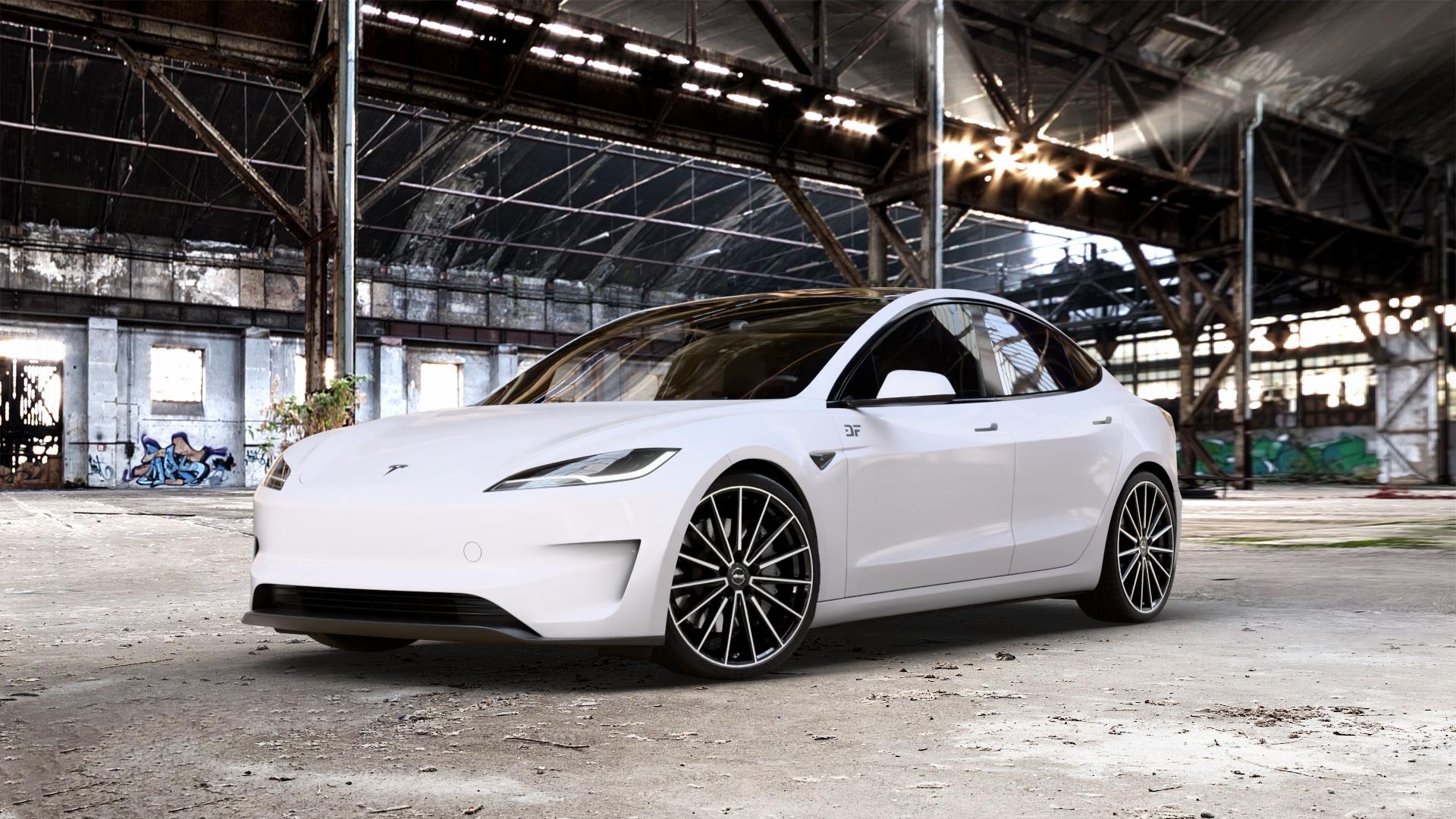 Brock B43 schwarz front-poliert Felge mit Reifen silber in 20Zoll Alufelge auf weissem Tesla Model 3 Typ 003 Facelift Highland 0,0l Performance 190kW 4WD (258 PS) ⬇️ mit 15mm Tieferlegung ⬇️ Old Industrial Hall_max_5300mm_2024 Frontansicht_1