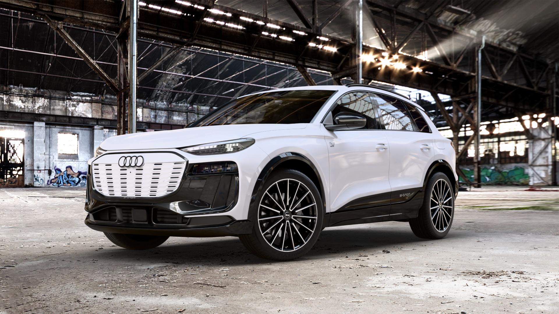 Brock B43 schwarz front-poliert Felge mit Reifen silber in 21Zoll Alufelge auf weissem Audi Q6 Typ GF 0,0l 120kW 55 e-tron quattro (163 PS) SQ6 qutratto performance 100kW (136 ⬇️ mit 15mm Tieferlegung ⬇️ Old Industrial Hall_max_5300mm_2024 Frontansicht_1