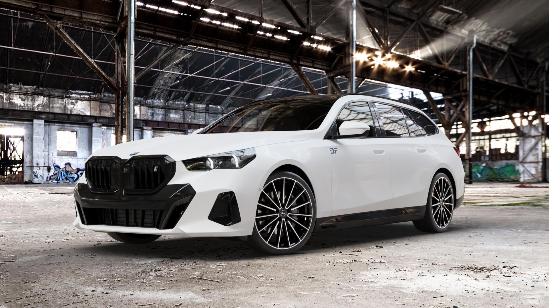 Brock B43 schwarz front-poliert Felge mit Reifen silber in 21Zoll Alufelge auf weissem BMW i5 Touring (G6E) 0,0l M60 xDrive 127kW (173 PS) ⬇️ mit 15mm Tieferlegung ⬇️ Old Industrial Hall_max_5300mm_2024 Frontansicht_1