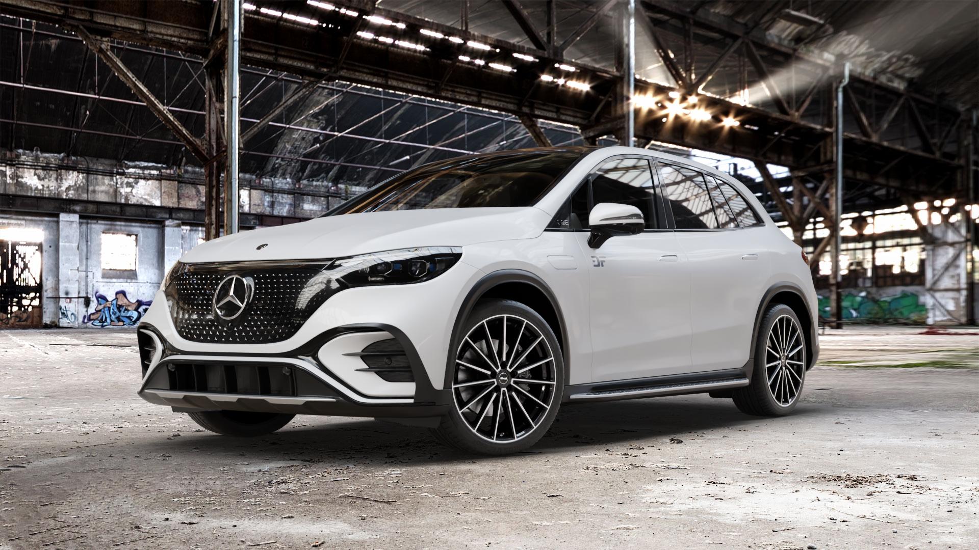 Brock B43 schwarz front-poliert Felge mit Reifen silber in 21Zoll Alufelge auf weissem Mercedes EQE SUV Typ E2EQEX ⬇️ mit 15mm Tieferlegung ⬇️ Old Industrial Hall_max_5300mm_2024 Frontansicht_1