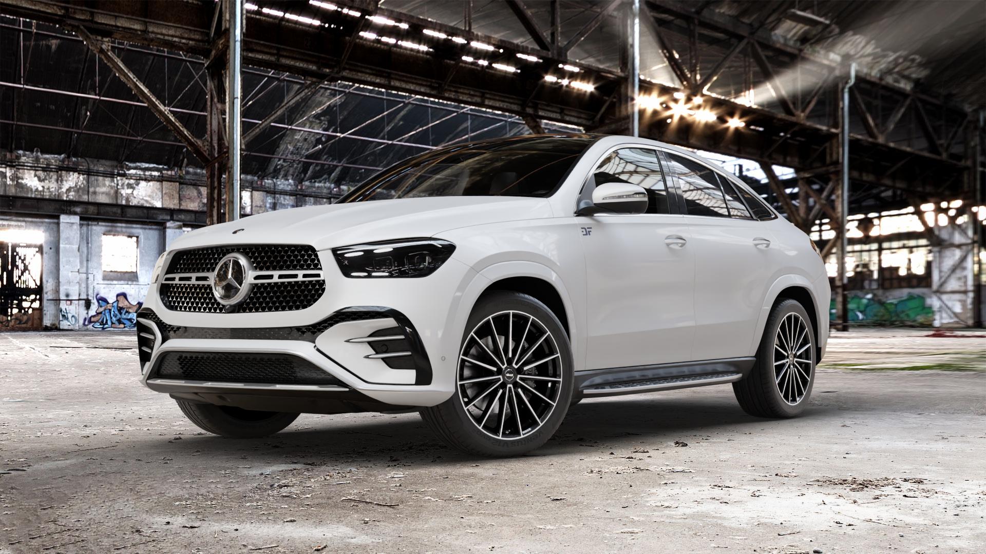 Brock B43 schwarz front-poliert Felge mit Reifen silber in 21Zoll Alufelge auf weissem Mercedes GLE-Klasse Coupe Typ V167 (H1GLE) Facelift ⬇️ mit 15mm Tieferlegung ⬇️ Old Industrial Hall_max_5300mm_2024 Frontansicht_1