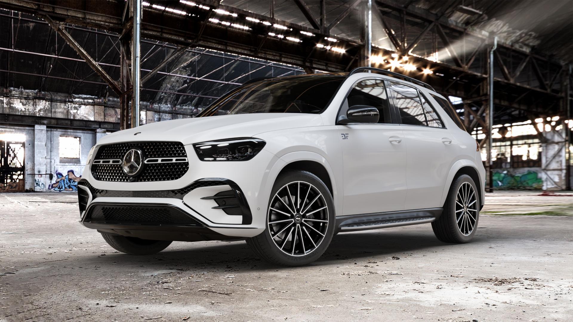 Brock B43 schwarz front-poliert Felge mit Reifen silber in 21Zoll Alufelge auf weissem Mercedes GLE-Klasse SUV Typ V167 (H1GLE) Facelift ⬇️ mit 15mm Tieferlegung ⬇️ Old Industrial Hall_max_5300mm_2024 Frontansicht_1