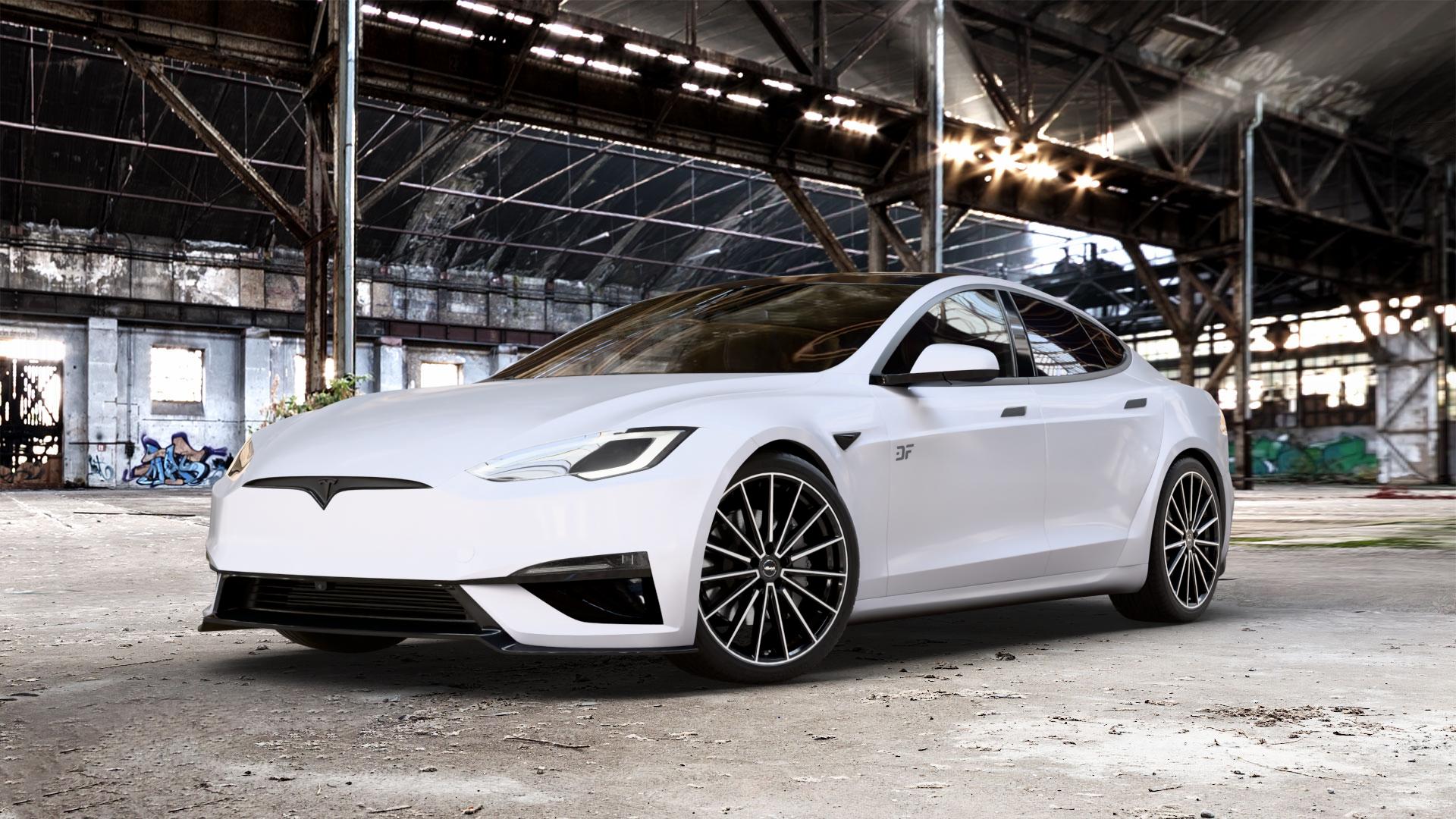 Brock B43 schwarz front-poliert Felge mit Reifen silber in 21Zoll Alufelge auf weissem Tesla Model S Typ 006 0,0l 357kW Plaid AWD (485 PS) ⬇️ mit 15mm Tieferlegung ⬇️ Old Industrial Hall_max_5300mm_2024 Frontansicht_1