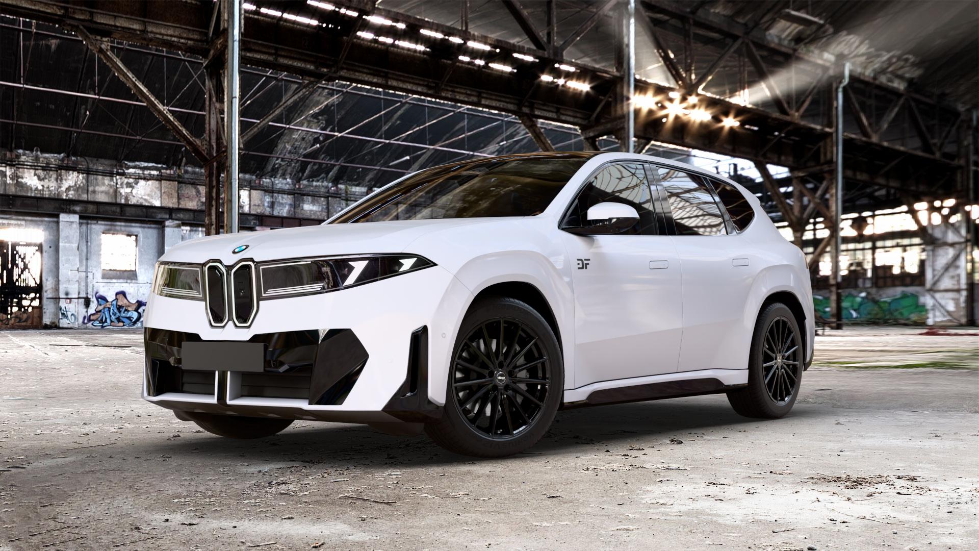 Brock B43 schwarz lackiert Felge mit Reifen in 20Zoll Winterfelge Alufelge auf Weiss Uni BMW iX3 (N-XA) ⬇️ mit 15mm Tieferlegung ⬇️ Old Industrial Hall_max_5300mm_2024 Frontansicht_1