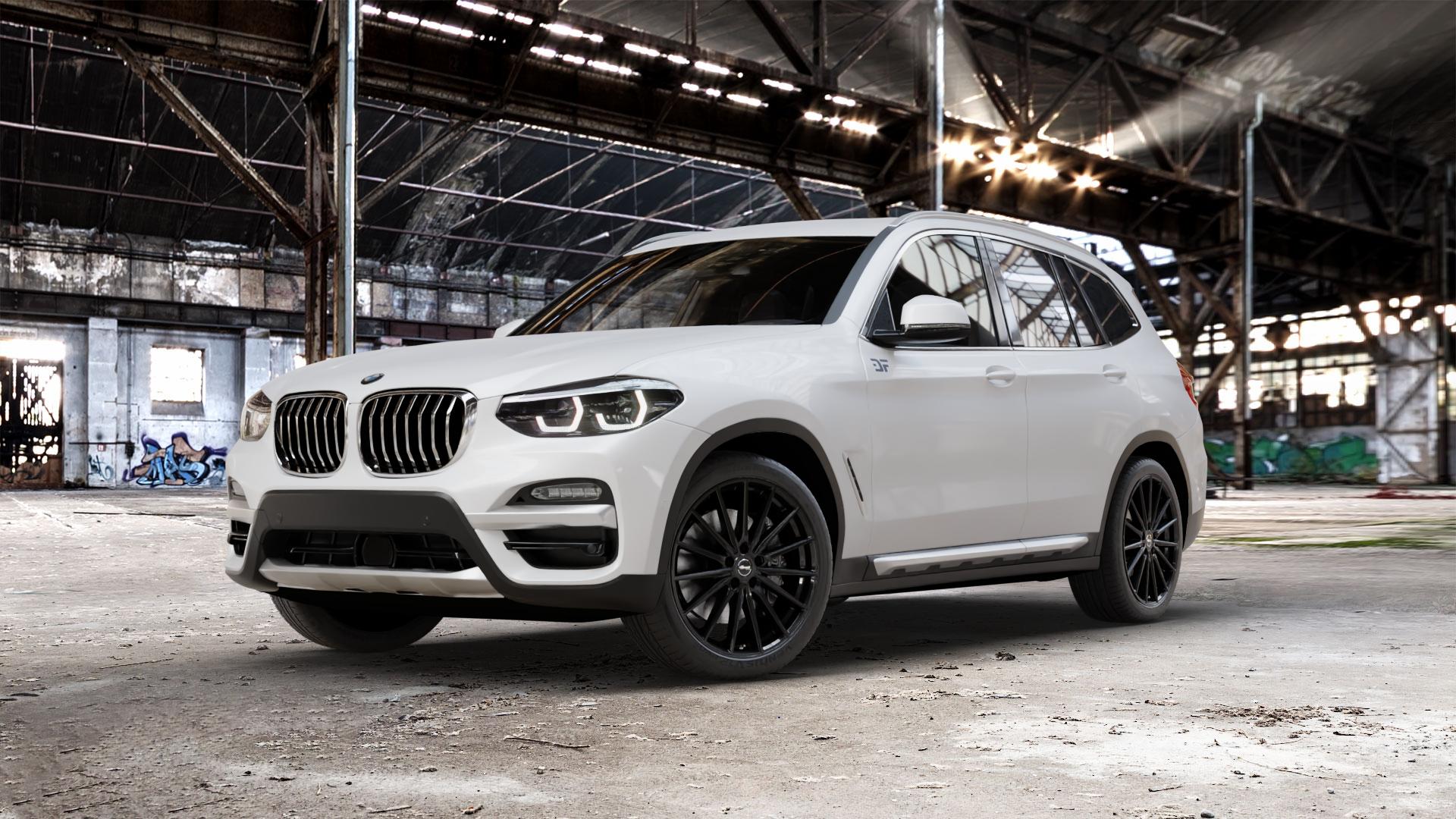 Brock B43 schwarz lackiert Felge mit Reifen in 20Zoll Winterfelge Alufelge auf weissem BMW X3 Typ G01 (G3X) ⬇️ mit 15mm Tieferlegung ⬇️ Old Industrial Hall_max_5300mm_2024 Frontansicht_1