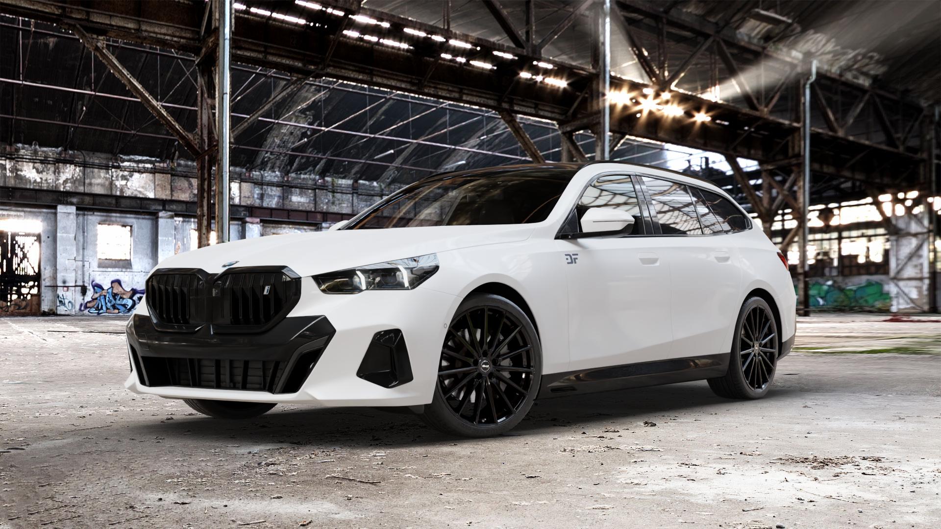 Brock B43 schwarz lackiert Felge mit Reifen in 21Zoll Winterfelge Alufelge auf weissem BMW i5 Touring (G6E) 0,0l M60 xDrive 127kW (173 PS) ⬇️ mit 15mm Tieferlegung ⬇️ Old Industrial Hall_max_5300mm_2024 Frontansicht_1