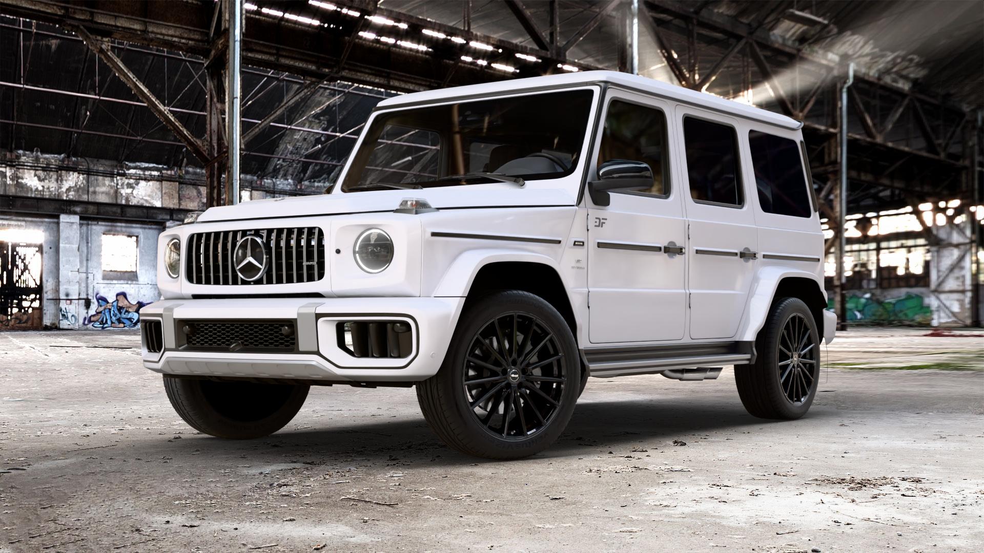 Brock B43 schwarz lackiert Felge mit Reifen in 21Zoll Winterfelge Alufelge auf weissem Mercedes G-Klasse Typ W465 3,0l G 450d 270kW Mild-Hybrid (367 PS) 500 330kW (449 0,0l 580 EQ 223kW (303 4,0l 63 AMG 430kW (585 ⬇️ mit 15mm Tieferlegung ⬇️ Old Industrial Hall_max_5300mm_2024 Frontansicht_1
