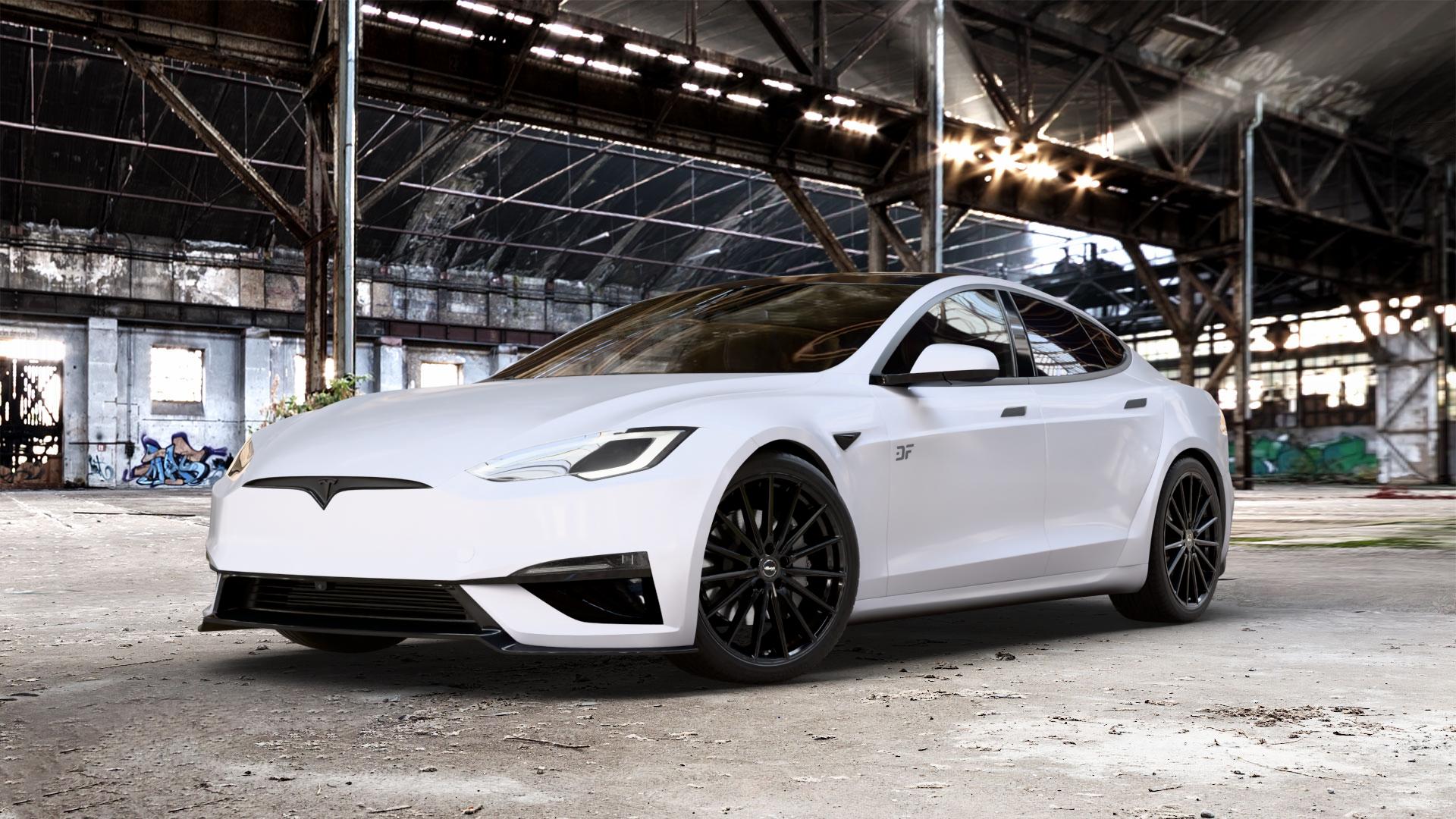Brock B43 schwarz lackiert Felge mit Reifen in 21Zoll Winterfelge Alufelge auf weissem Tesla Model S Typ 006 0,0l 357kW Plaid AWD (485 PS) ⬇️ mit 15mm Tieferlegung ⬇️ Old Industrial Hall_max_5300mm_2024 Frontansicht_1
