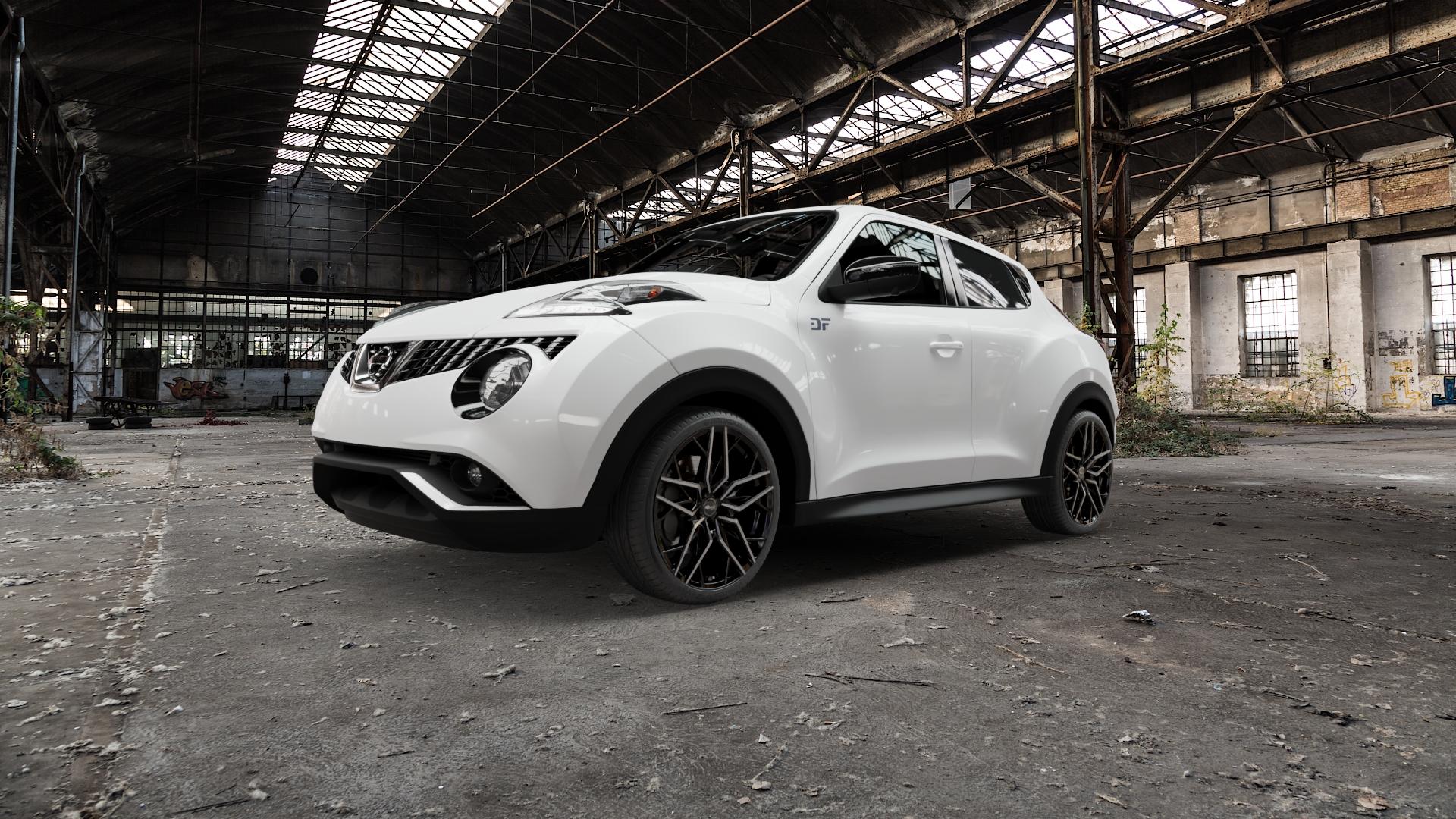 Brock B44 schwarz front-poliert Felge mit Reifen in 19Zoll Alufelge auf weissem Nissan Juke Typ F15 Facelift ⬇️ mit 15mm Tieferlegung ⬇️ Old Industrial Hall_max5000mm_2022 Frontansicht_1