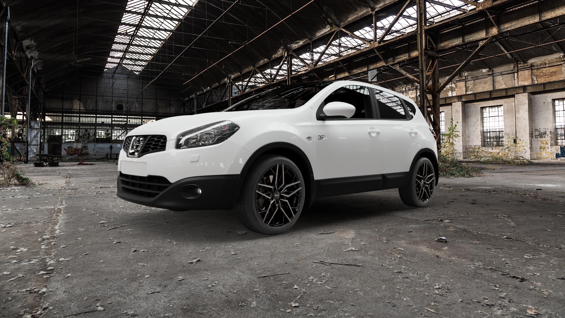 Brock B44 schwarz front-poliert Felge mit Reifen in 19Zoll Alufelge auf weissem Nissan Qashqai Typ J10 +2 ⬇️ mit 15mm Tieferlegung ⬇️ Old Industrial Hall_max5000mm_2022 Frontansicht_1