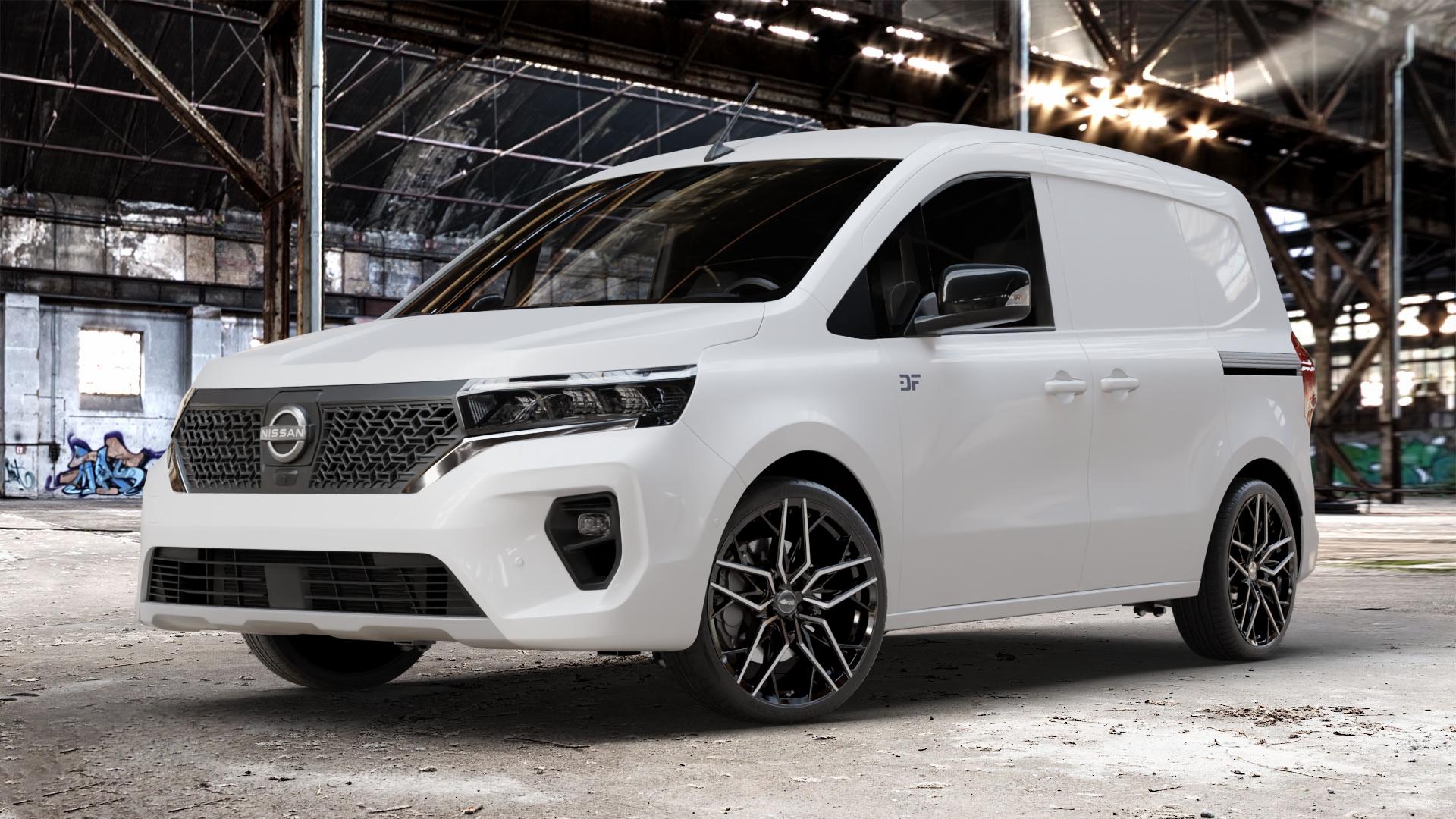 Brock B44 schwarz front-poliert Felge mit Reifen in 19Zoll Alufelge auf weissem Nissan Townstar Kastenwagen Typ NFK ⬇️ mit 15mm Tieferlegung ⬇️ Old Industrial Hall_max_4400mm_2024 Frontansicht_1
