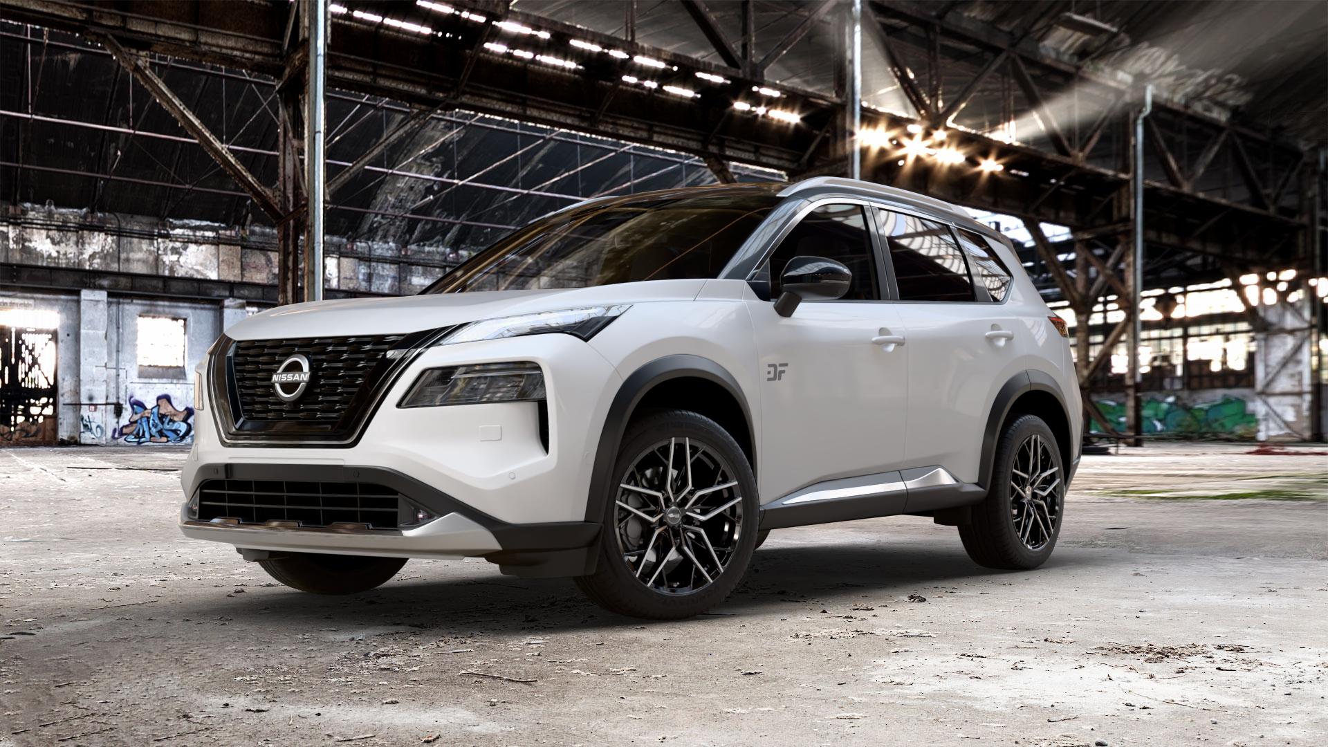 Brock B44 schwarz front-poliert Felge mit Reifen in 19Zoll Alufelge auf weissem Nissan X-Trail Typ T33 ⬇️ mit 15mm Tieferlegung ⬇️ Old Industrial Hall_max_5300mm_2024 Frontansicht_1
