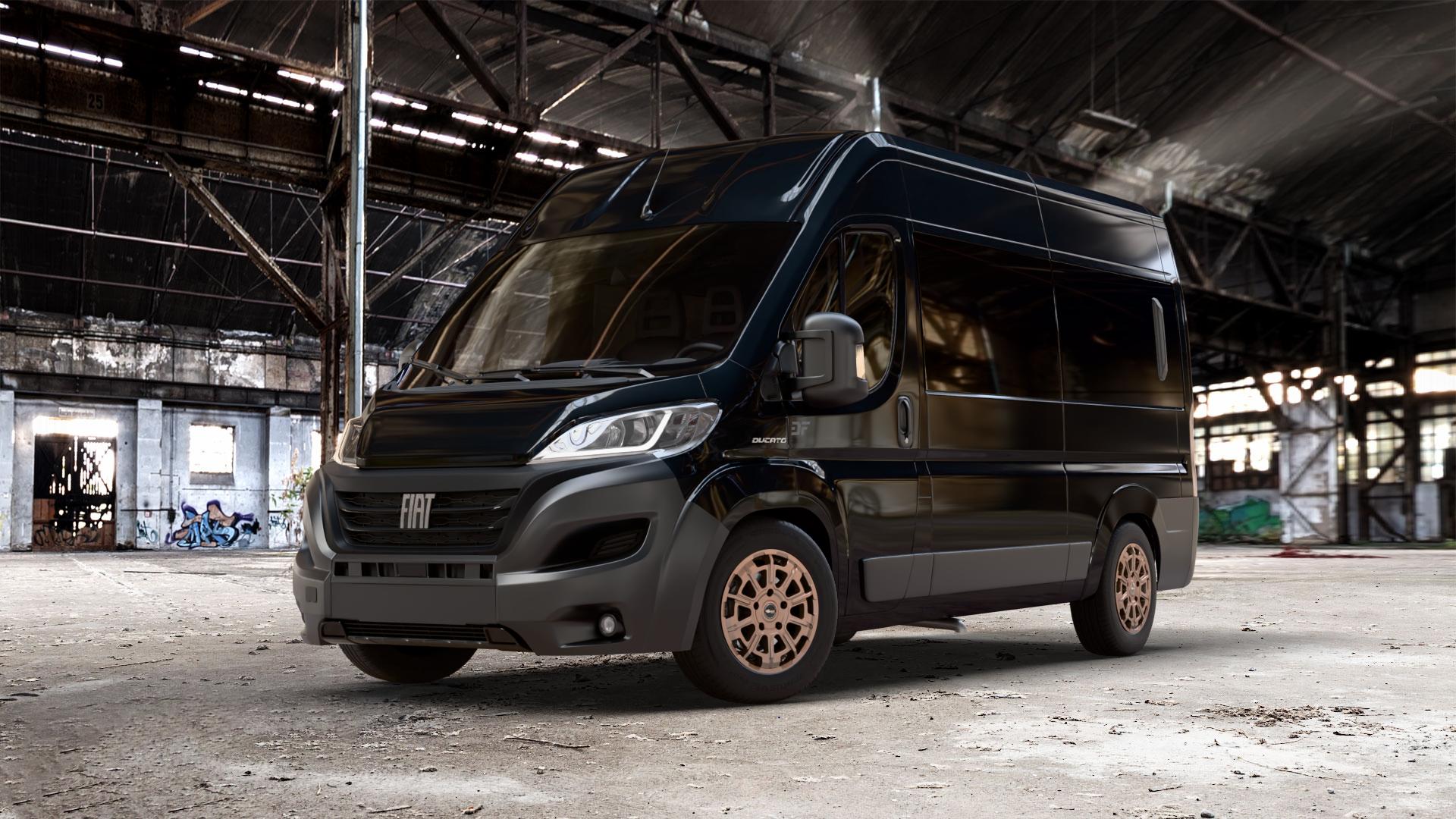 Brock B45 bronze-copper matt-lackiert Felge mit Reifen in 17Zoll Winterfelge Alufelge auf schwarzem metallic Fiat Ducato Bus Typ 250 Facelift 22-> ⬇️ mit 15mm Tieferlegung ⬇️ Old Industrial Hall_max_7000mm_2024 Frontansicht_1