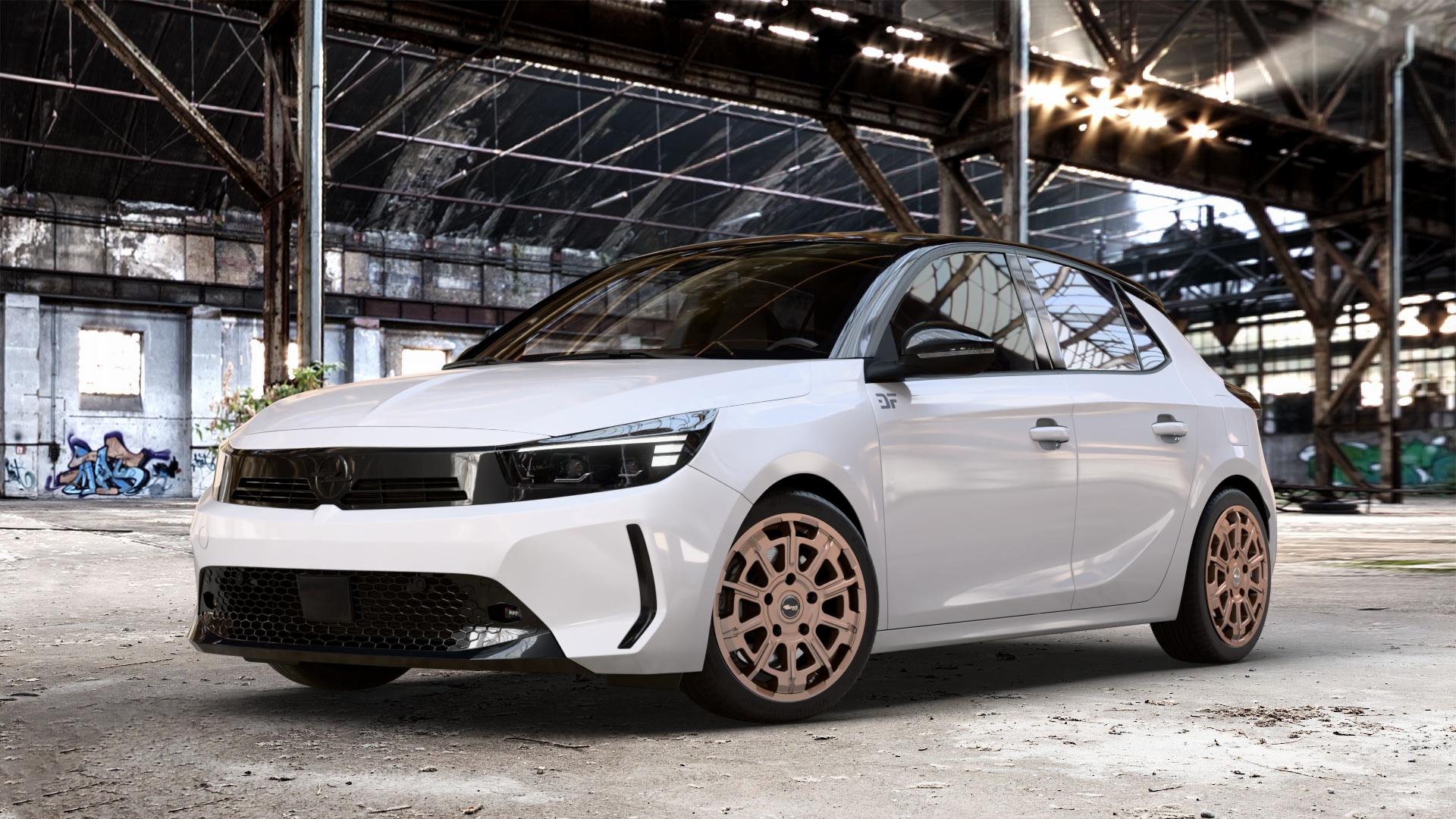 Brock B45 bronze-copper matt-lackiert Felge mit Reifen in 17Zoll Winterfelge Alufelge auf weissem Opel Corsa F Typ U Facelift 0,0l 57kW Corsa-e (77 PS) 62kW (84 1,2l Turbo 74kW Mild-Hybrid (101 100kW (136 ⬇️ mit 15mm Tieferlegung ⬇️ Old Industrial Hall_max_4400mm_2024 Frontansicht_1