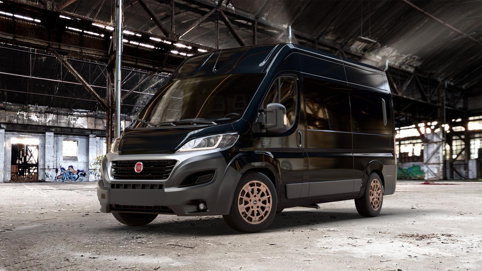 Brock B45 bronze-copper matt-lackiert Felge mit Reifen in 18Zoll Winterfelge Alufelge auf schwarzem metallic Fiat Ducato Bus Typ 250 Facelift ⬇️ mit 15mm Tieferlegung ⬇️ Old Industrial Hall_max_7000mm_2024 Frontansicht_1