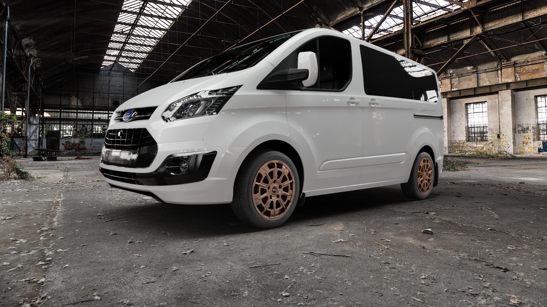 Brock B45 bronze-copper matt-lackiert Felge mit Reifen in 18Zoll Winterfelge Alufelge auf weissem Ford Tourneo Custom Typ FAC (12->) ⬇️ mit 15mm Tieferlegung ⬇️ Old Industrial Hall_max5000mm_2022 Frontansicht_1