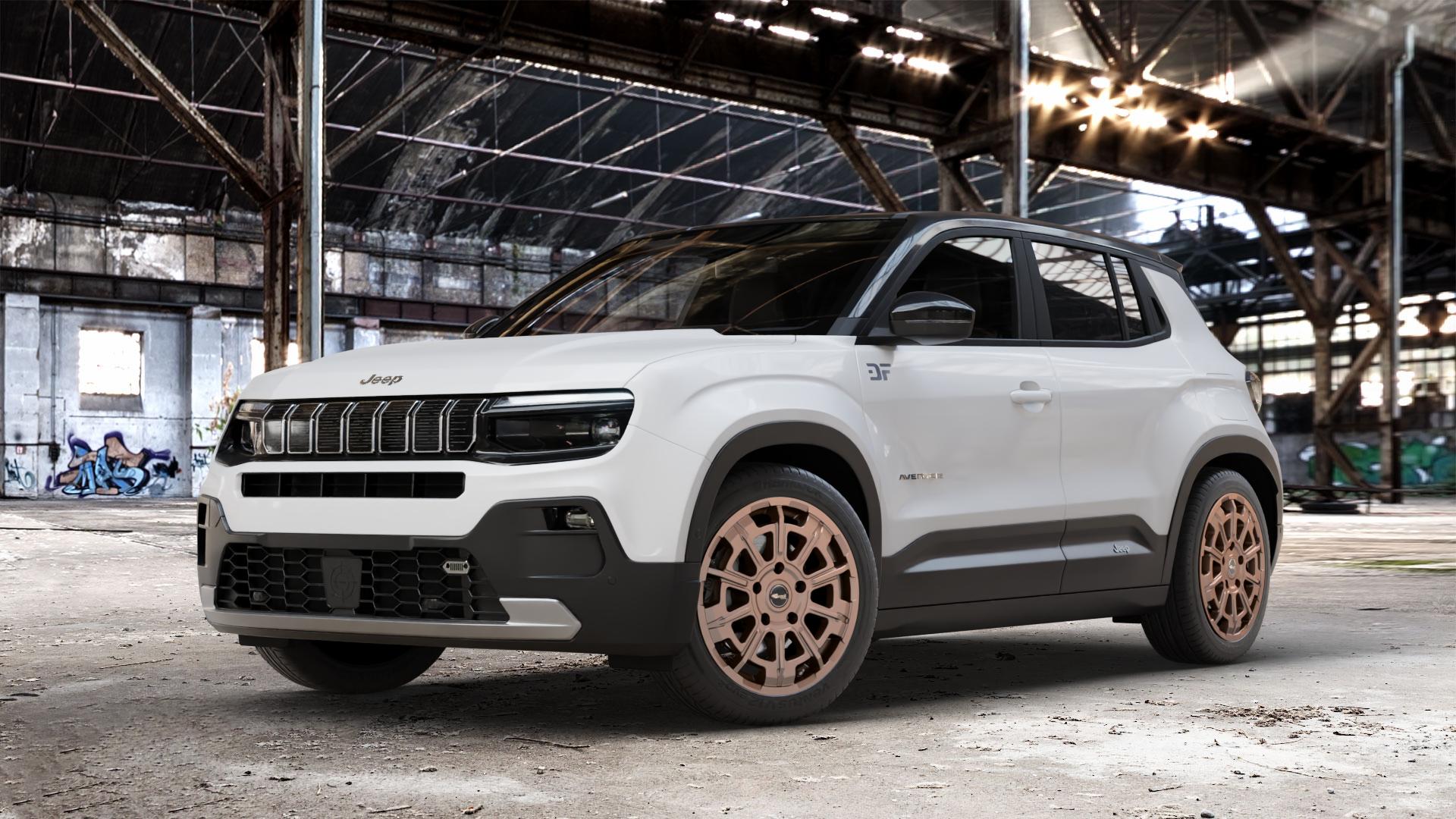 Brock B45 bronze-copper matt-lackiert Felge mit Reifen in 18Zoll Winterfelge Alufelge auf weissem Jeep Avenger Typ FH1 ⬇️ mit 15mm Tieferlegung ⬇️ Old Industrial Hall_max_4400mm_2024 Frontansicht_1