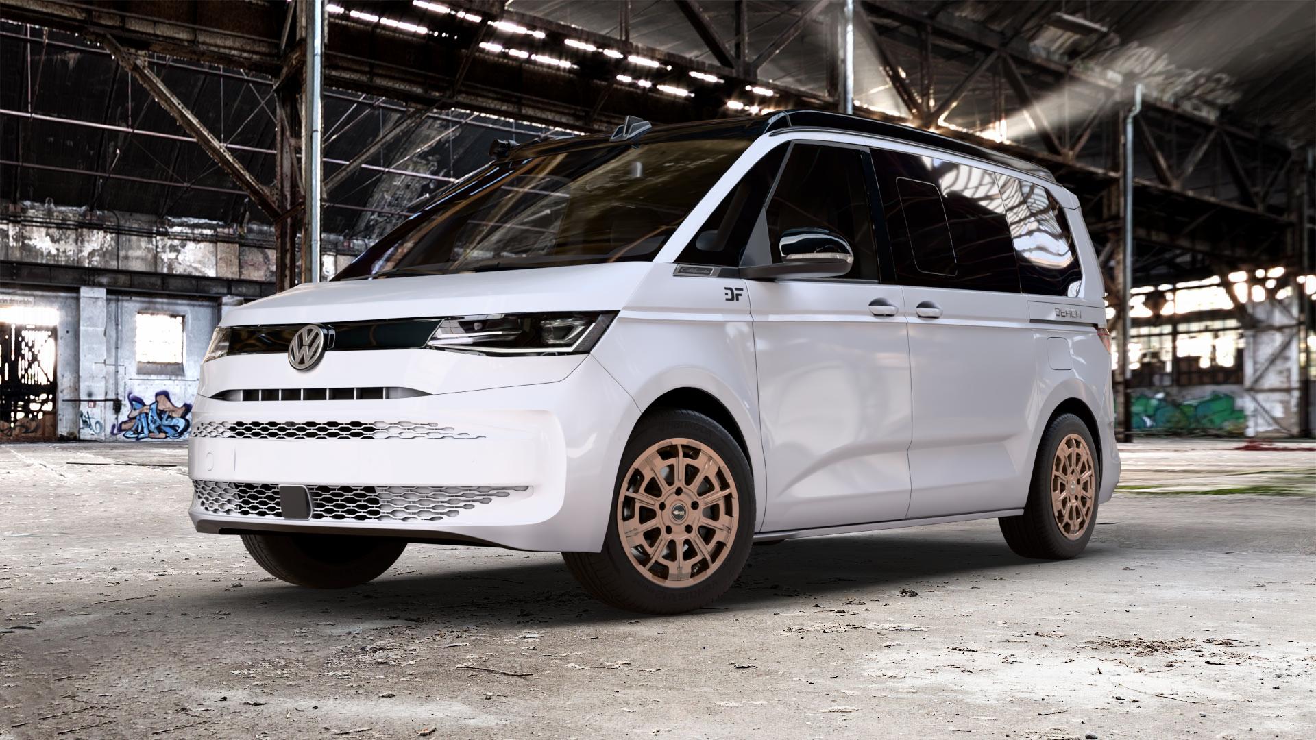 Brock B45 bronze-copper matt-lackiert Felge mit Reifen in 18Zoll Winterfelge Alufelge auf weissem und schwarzem Volkswagen (VW) T7 California 1,5l TSI eHybrid 130kW (177 PS) ⬇️ mit 15mm Tieferlegung ⬇️ Old Industrial Hall_max_5300mm_2024 Frontansicht_1
