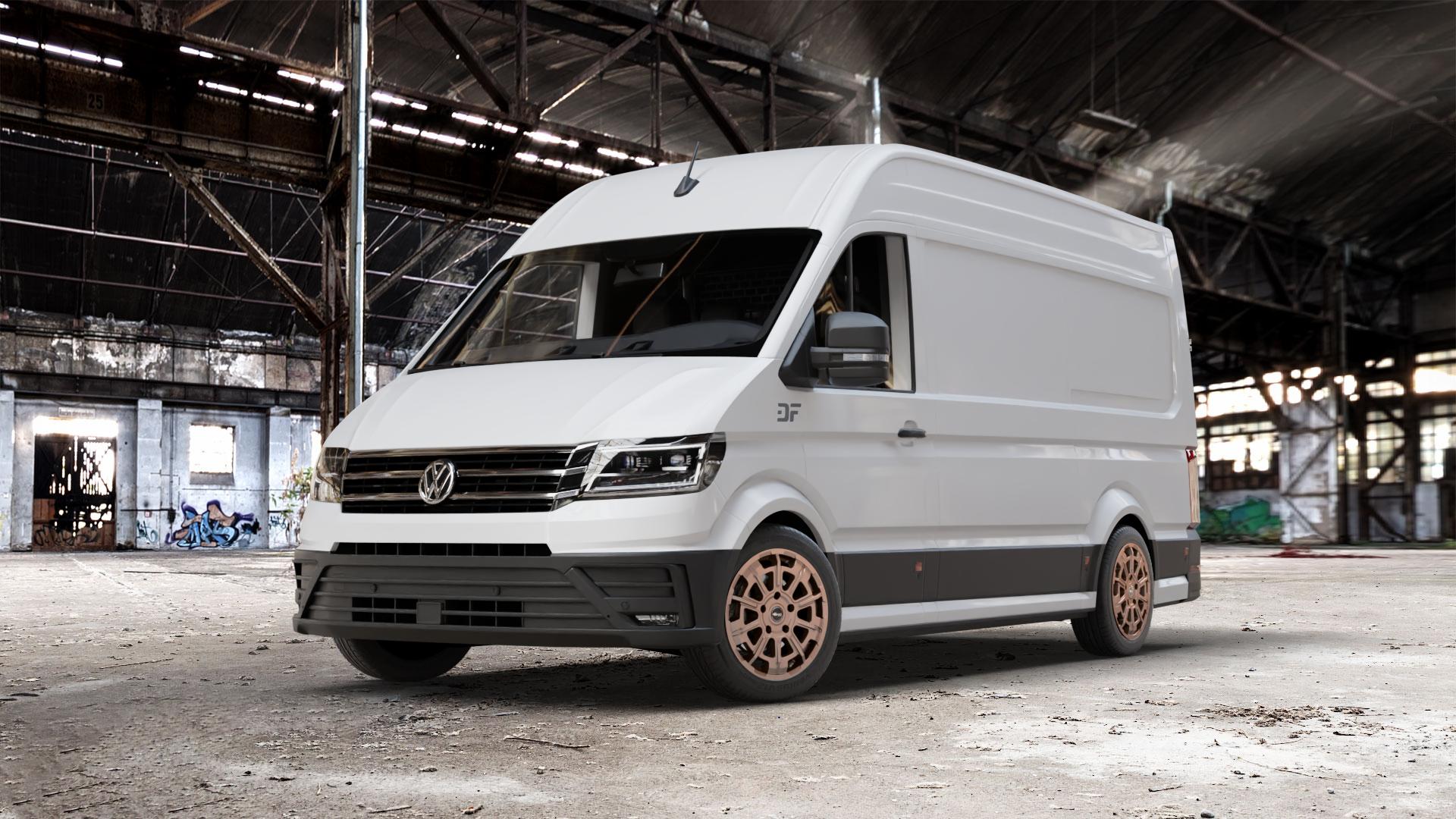 Brock B45 bronze-copper matt-lackiert Felge mit Reifen in 18Zoll Winterfelge Alufelge auf weissem Volkswagen (VW) Crafter Typ SYN1E SZN1E SYN2E SZN2E ⬇️ mit 15mm Tieferlegung ⬇️ Old Industrial Hall_max_7000mm_2024 Frontansicht_1