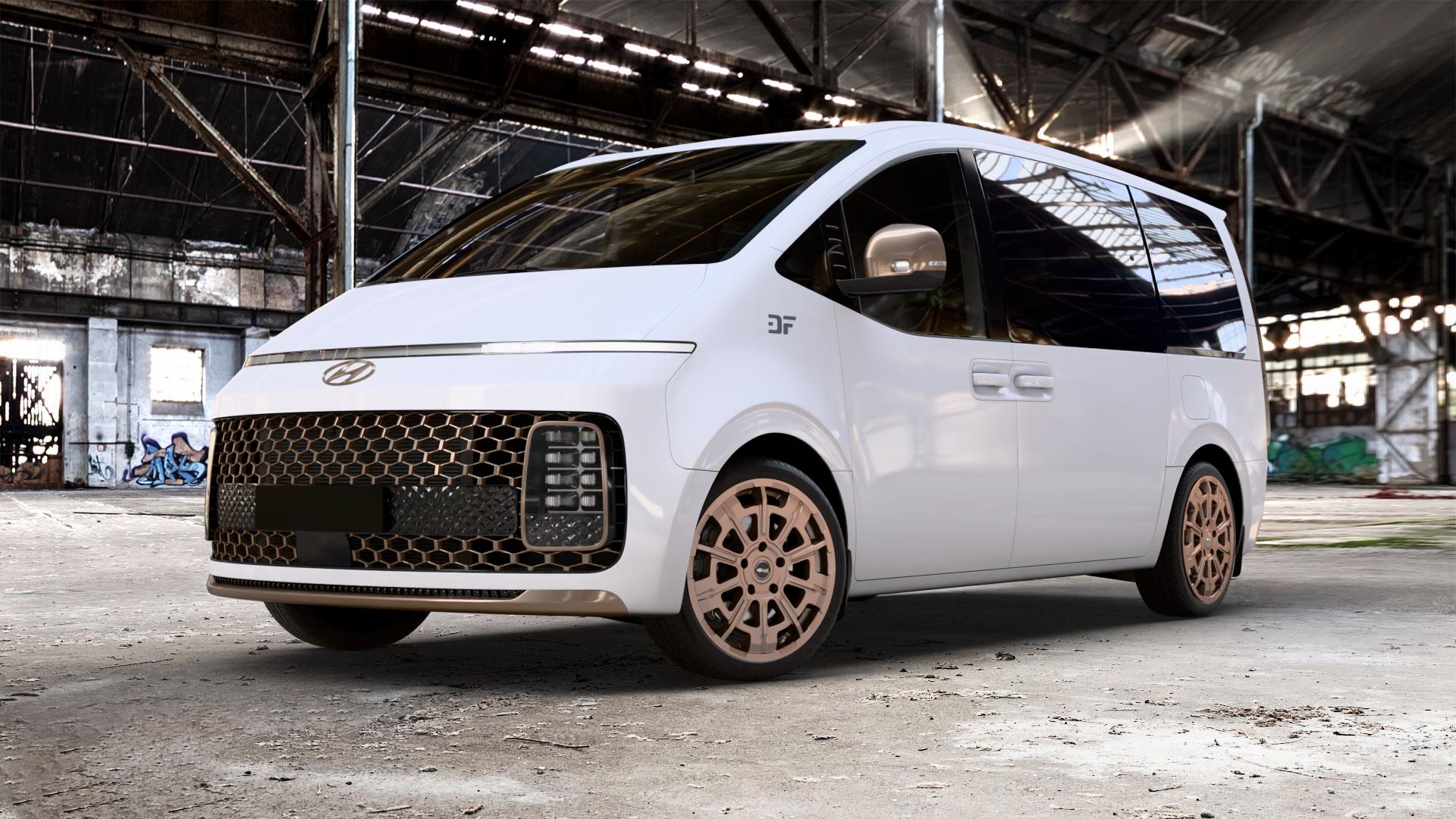 Brock B45 bronze-copper matt-lackiert Felge mit Reifen in 20Zoll Winterfelge Alufelge auf weissem Hyundai Staria Typ US4 2,2l CRDi 130kW (177 PS) AWD ⬇️ mit 15mm Tieferlegung ⬇️ Old Industrial Hall_max_5300mm_2024 Frontansicht_1