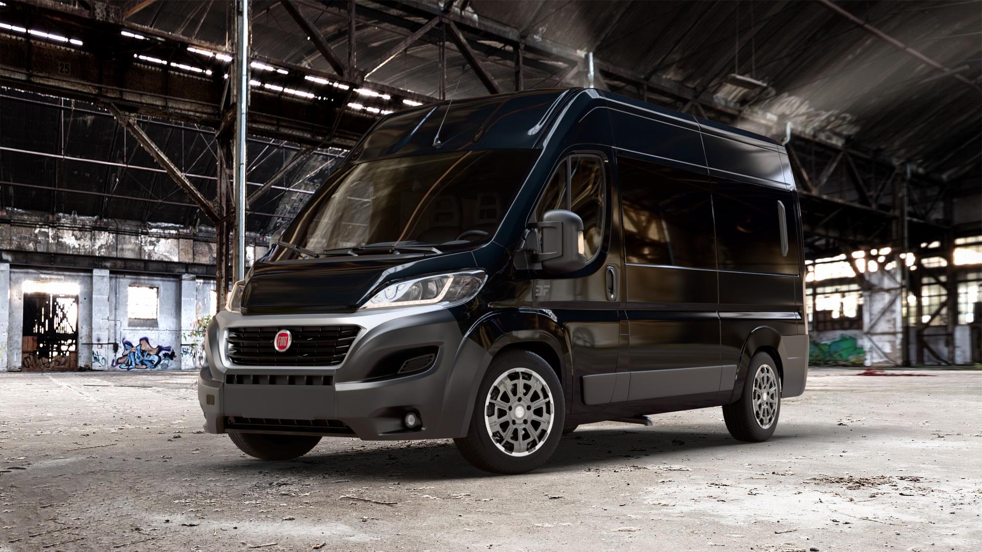 Brock B45 himalaya-grey front-poliert Felge mit Reifen grau in 18Zoll Winterfelge Alufelge auf schwarzem metallic Fiat Ducato Bus Typ 250 Facelift ⬇️ mit 15mm Tieferlegung ⬇️ Old Industrial Hall_max_7000mm_2024 Frontansicht_1