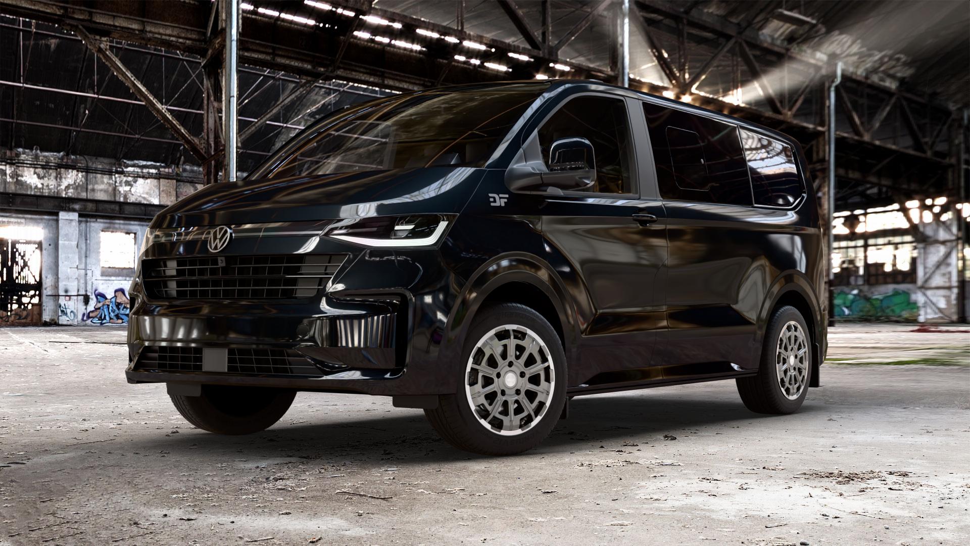 Brock B45 himalaya-grey front-poliert Felge mit Reifen grau in 18Zoll Winterfelge Alufelge auf schwarzem Volkswagen (VW) T7 Caravelle ⬇️ mit 15mm Tieferlegung ⬇️ Old Industrial Hall_max_5300mm_2024 Frontansicht_1