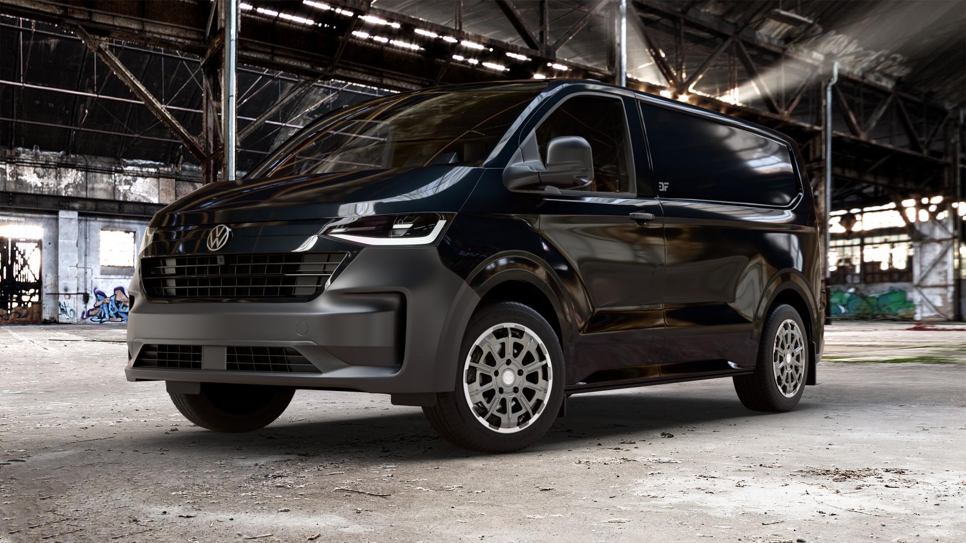Brock B45 himalaya-grey front-poliert Felge mit Reifen grau in 18Zoll Winterfelge Alufelge auf schwarzem Volkswagen (VW) T7 Transporter ⬇️ mit 15mm Tieferlegung ⬇️ Old Industrial Hall_max_5300mm_2024 Frontansicht_1