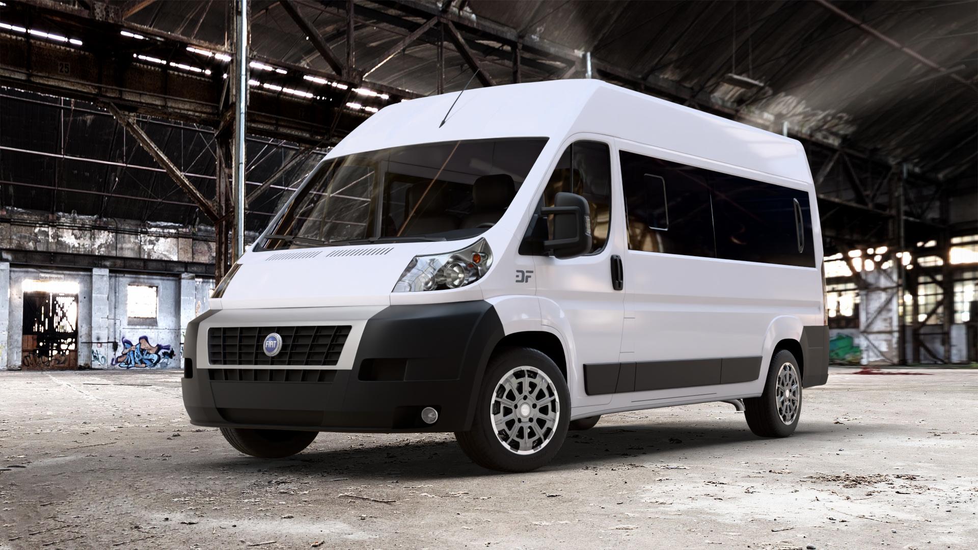 Brock B45 himalaya-grey front-poliert Felge mit Reifen grau in 18Zoll Winterfelge Alufelge auf weissem Fiat Ducato Bus Typ 250 ⬇️ mit 15mm Tieferlegung ⬇️ Old Industrial Hall_max_7000mm_2024 Frontansicht_1