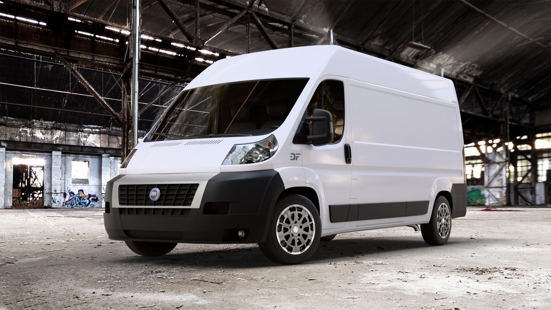 Brock B45 himalaya-grey front-poliert Felge mit Reifen grau in 18Zoll Winterfelge Alufelge auf weissem Fiat Ducato Kasten Typ 250 ⬇️ mit 15mm Tieferlegung ⬇️ Old Industrial Hall_max_7000mm_2024 Frontansicht_1