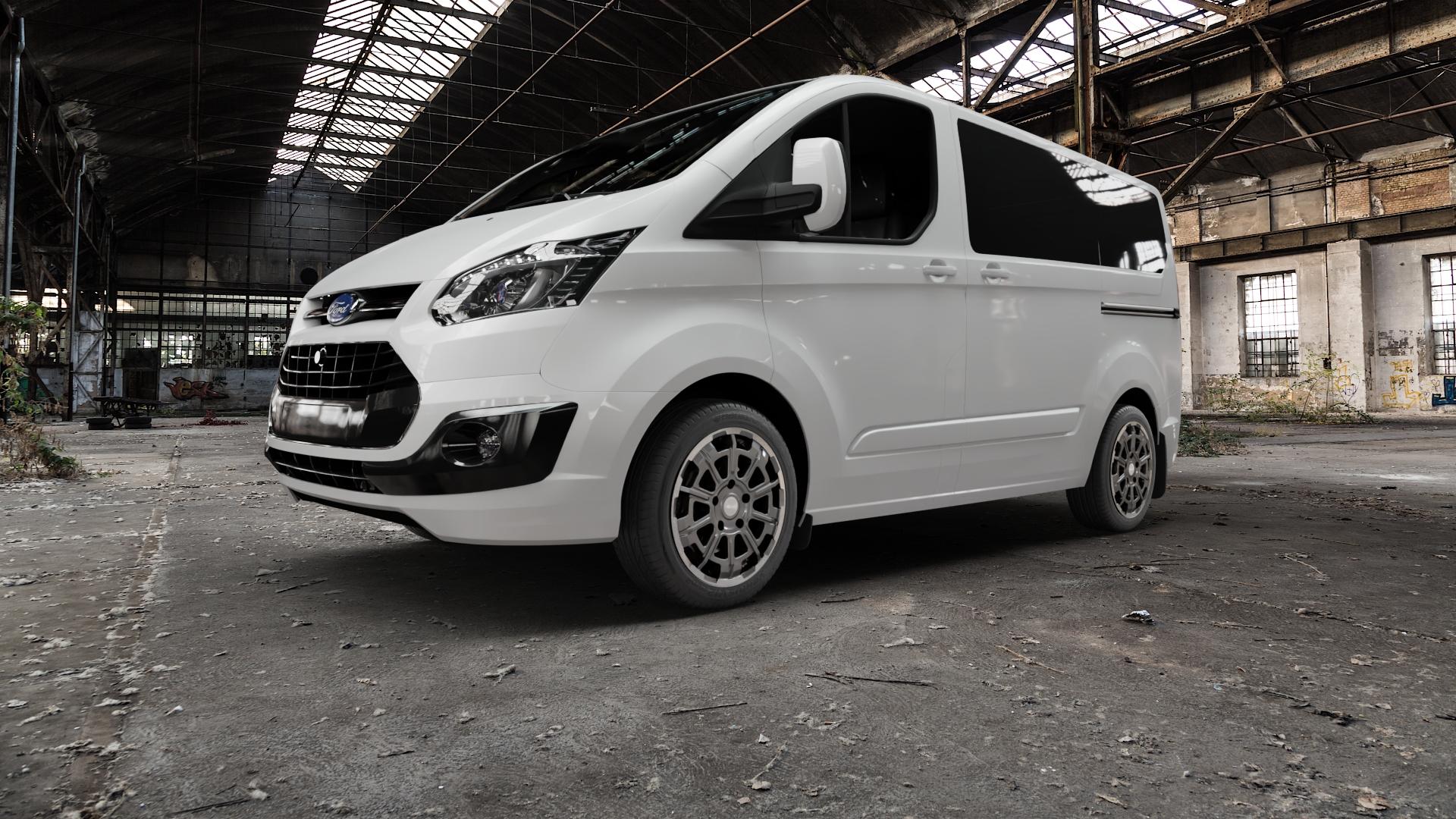 Brock B45 himalaya-grey front-poliert Felge mit Reifen grau in 18Zoll Winterfelge Alufelge auf weissem Ford Tourneo Custom Typ FAC (12->) ⬇️ mit 15mm Tieferlegung ⬇️ Old Industrial Hall_max5000mm_2022 Frontansicht_1