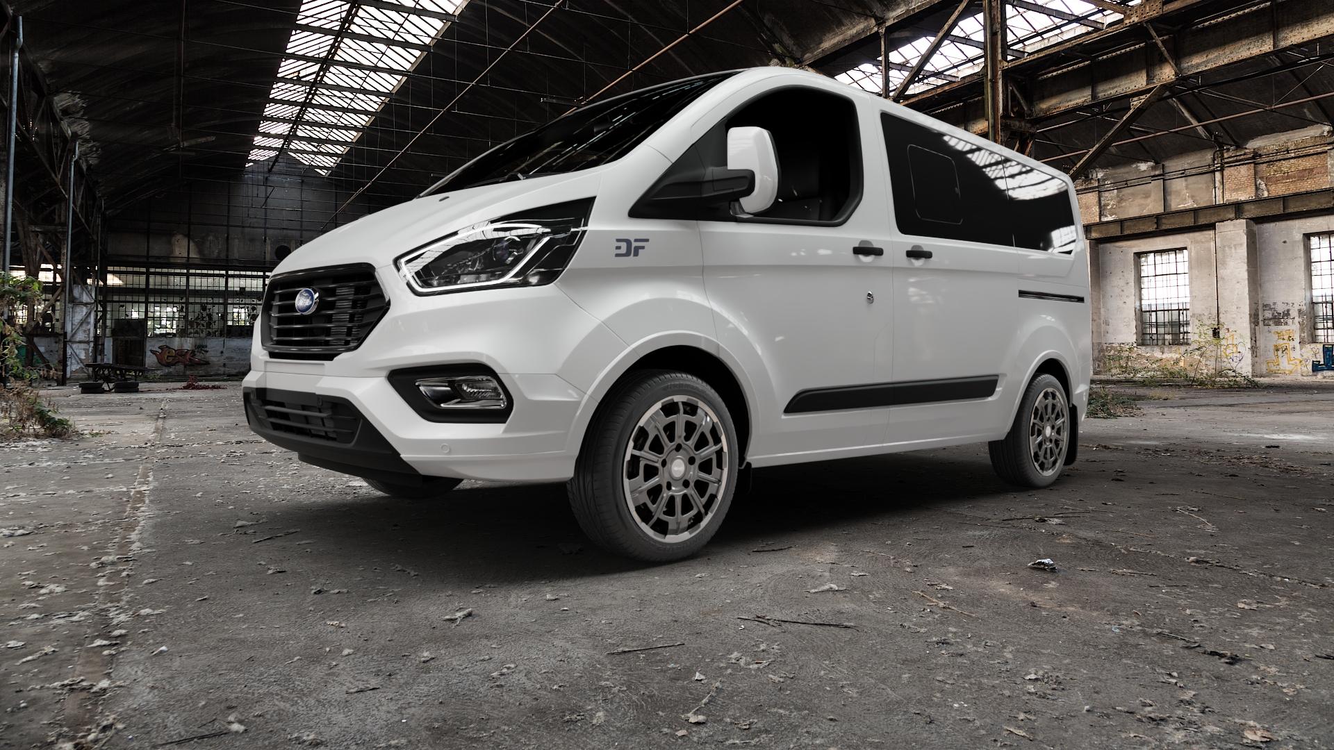 Brock B45 himalaya-grey front-poliert Felge mit Reifen grau in 18Zoll Winterfelge Alufelge auf weissem Ford Transit Custom Typ FAC (19->) ⬇️ mit 15mm Tieferlegung ⬇️ Old Industrial Hall_max5000mm_2022 Frontansicht_1