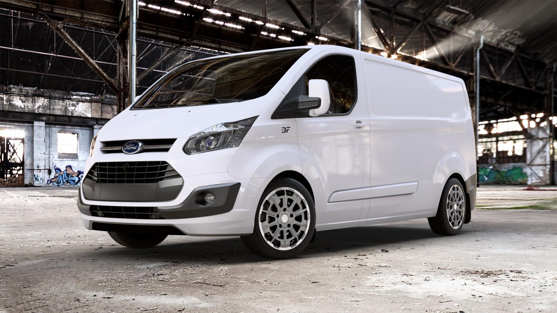 Brock B45 himalaya-grey front-poliert Felge mit Reifen grau in 18Zoll Winterfelge Alufelge auf weissem Ford Transit Custom Typ FCC (12->) ⬇️ mit 15mm Tieferlegung ⬇️ Old Industrial Hall_max_5300mm_2024 Frontansicht_1