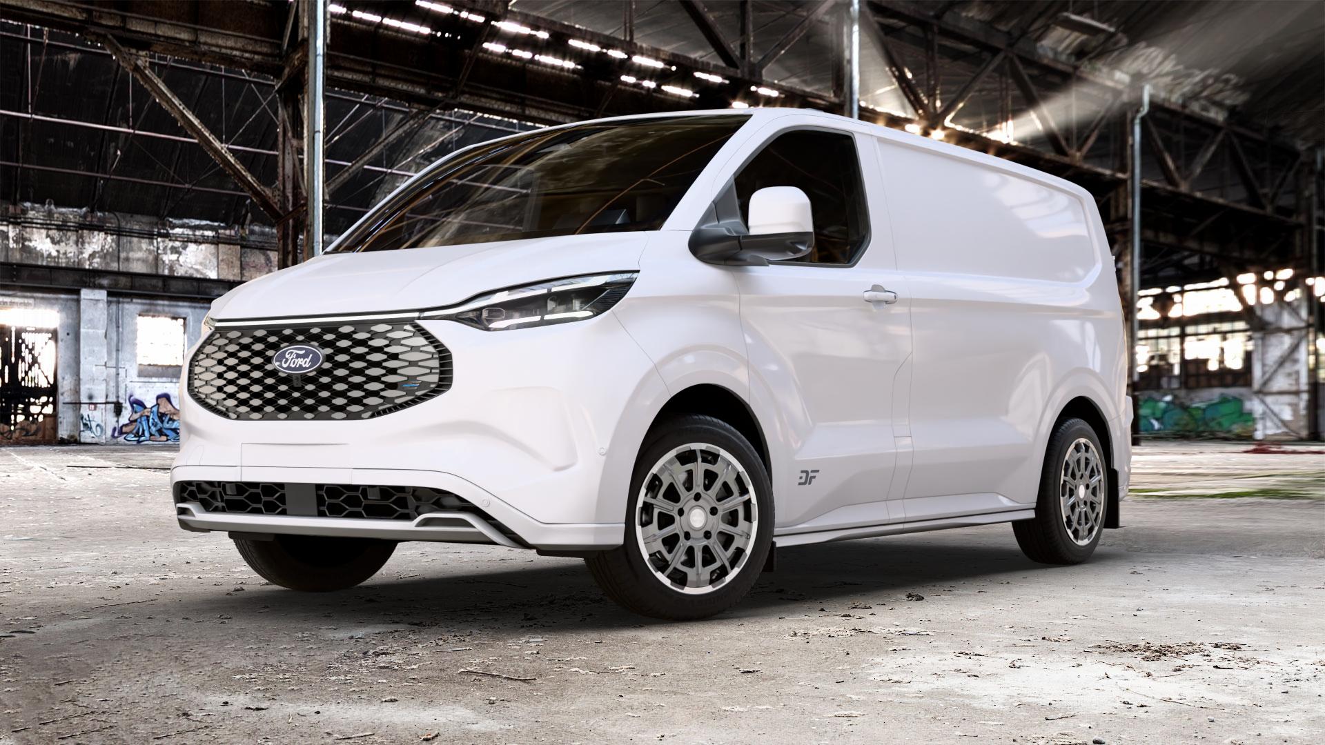 Brock B45 himalaya-grey front-poliert Felge mit Reifen grau in 18Zoll Winterfelge Alufelge auf weissem Ford Transit Custom Typ NRN 0,0l 85kW e-Transit (116 PS) ⬇️ mit 15mm Tieferlegung ⬇️ Old Industrial Hall_max_5300mm_2024 Frontansicht_1
